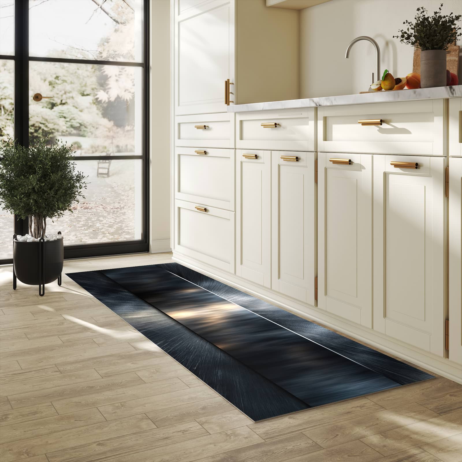 Farbbeständiger Küchenteppich mit Motiv Energieblitz in heller Küche