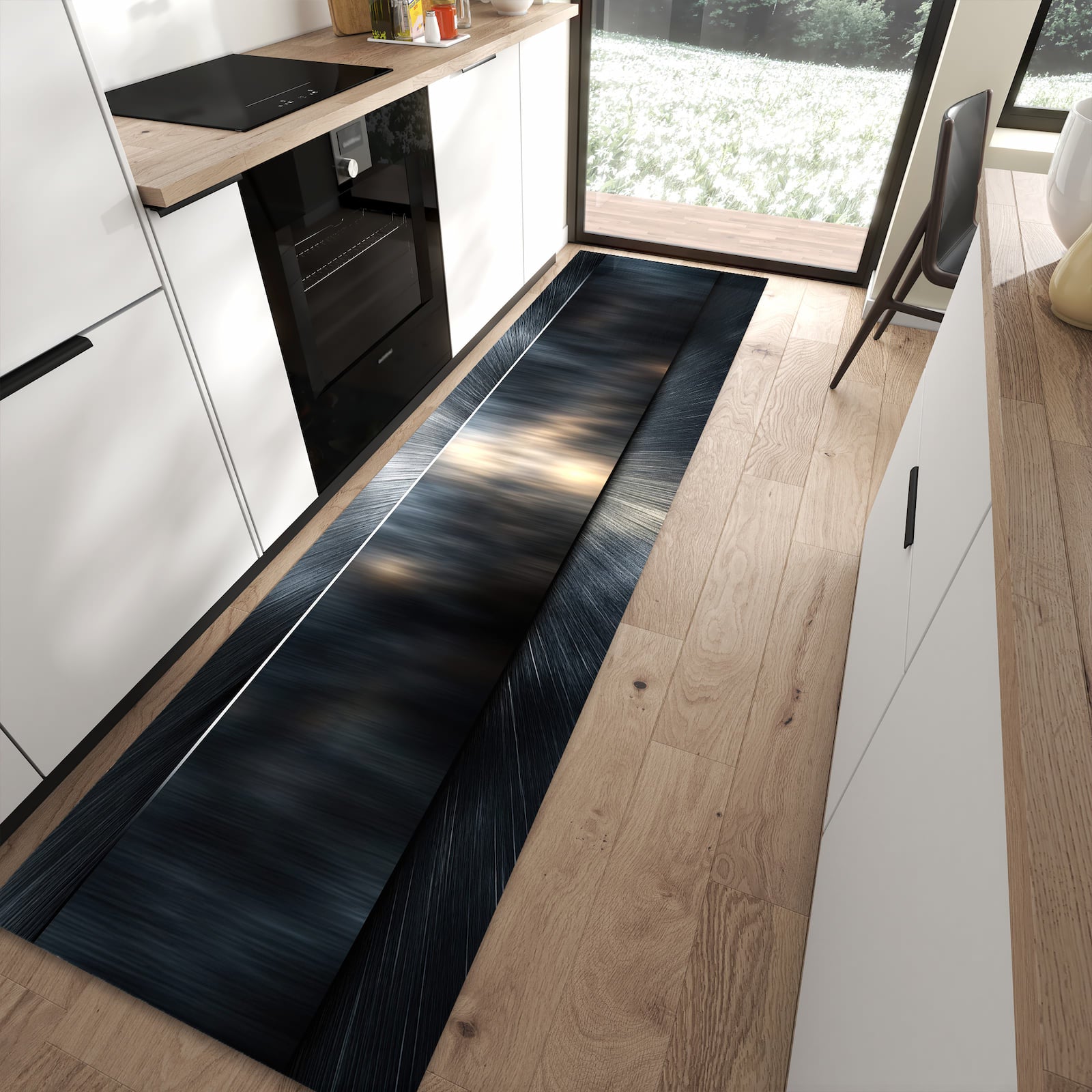 Küchenläufer mit Motiv Energieblitz für angenehme Haptik in moderner Küche