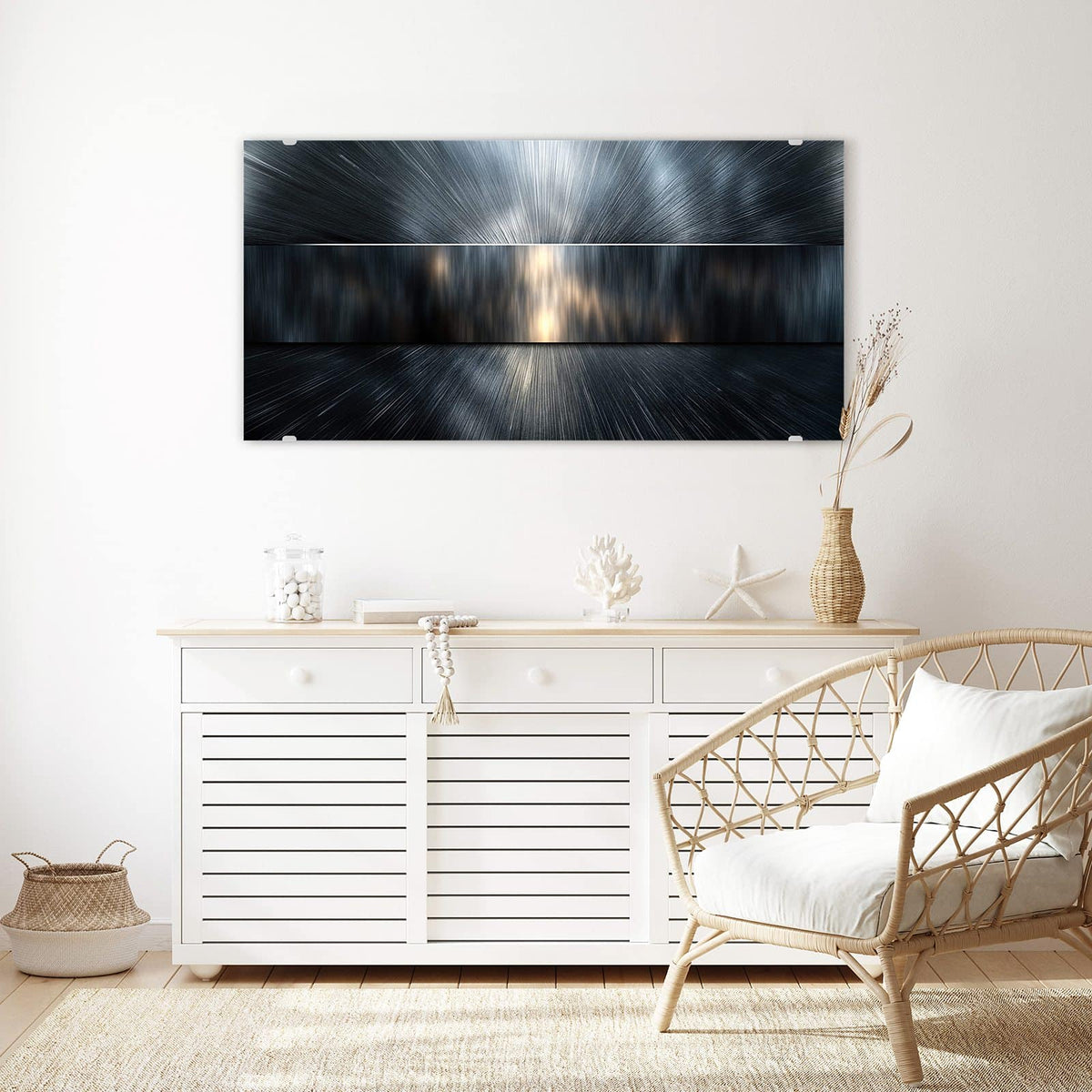 Echtglas, 4 mm – kein Acryl, keine Folie – Wandbild - Silberne Lichtstrahlen - Querformat