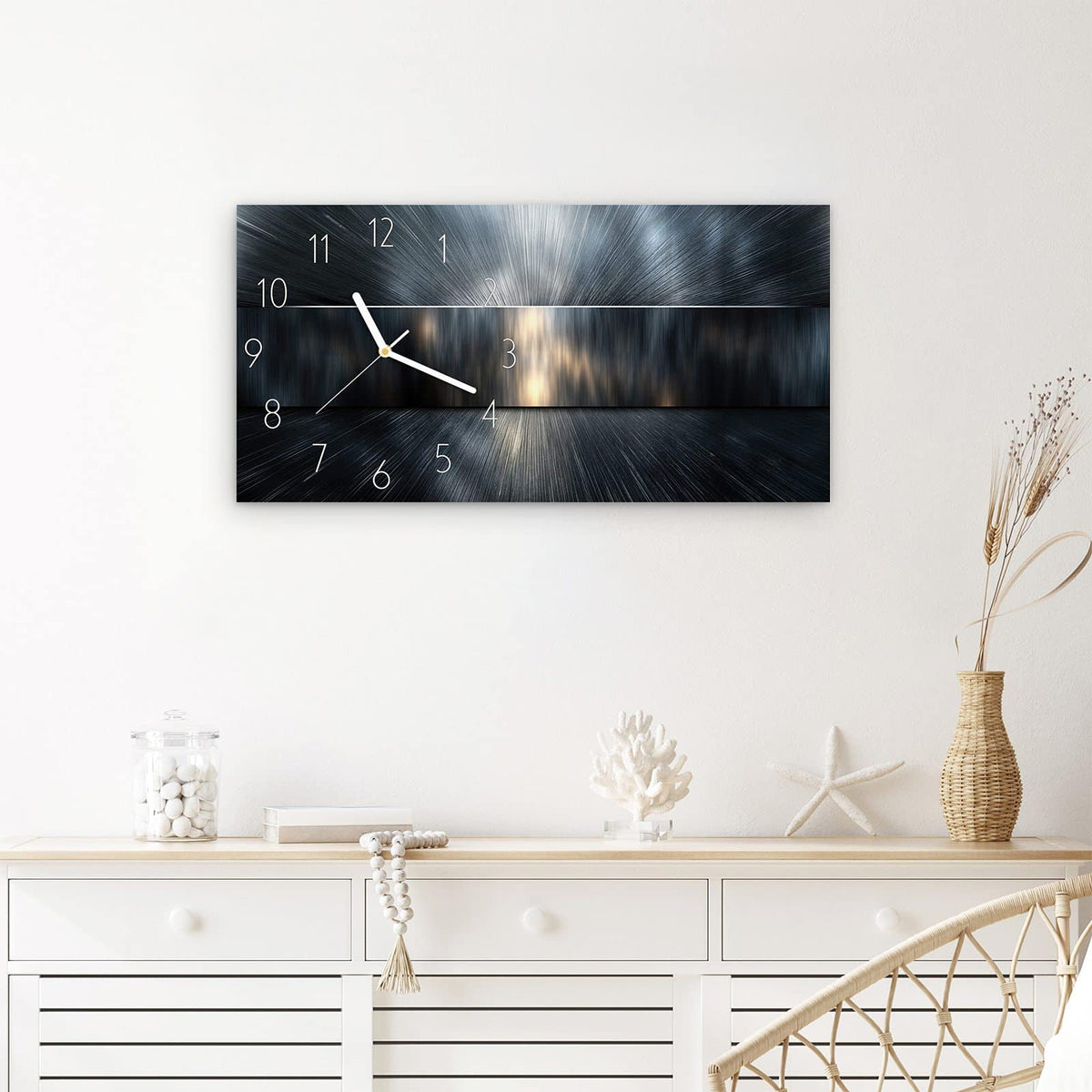 Wanduhr Energieblitz aus Glas – Querformat 60 × 30 cm – Dynamische Lichtlinien in Grau und Blau