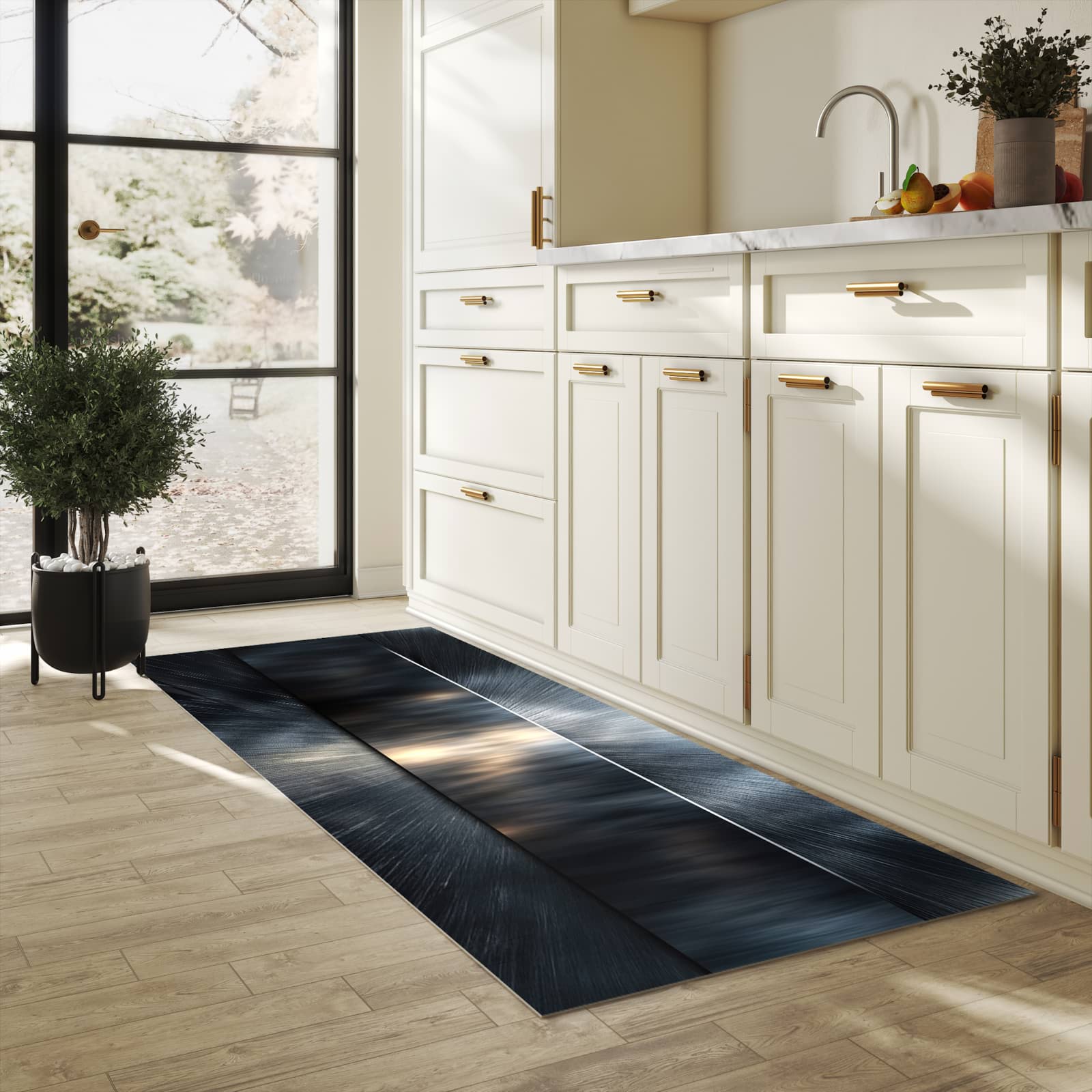 Geräuschdämpfender rutschfester Küchenteppich mit Motiv Energieblitz in heller Küche