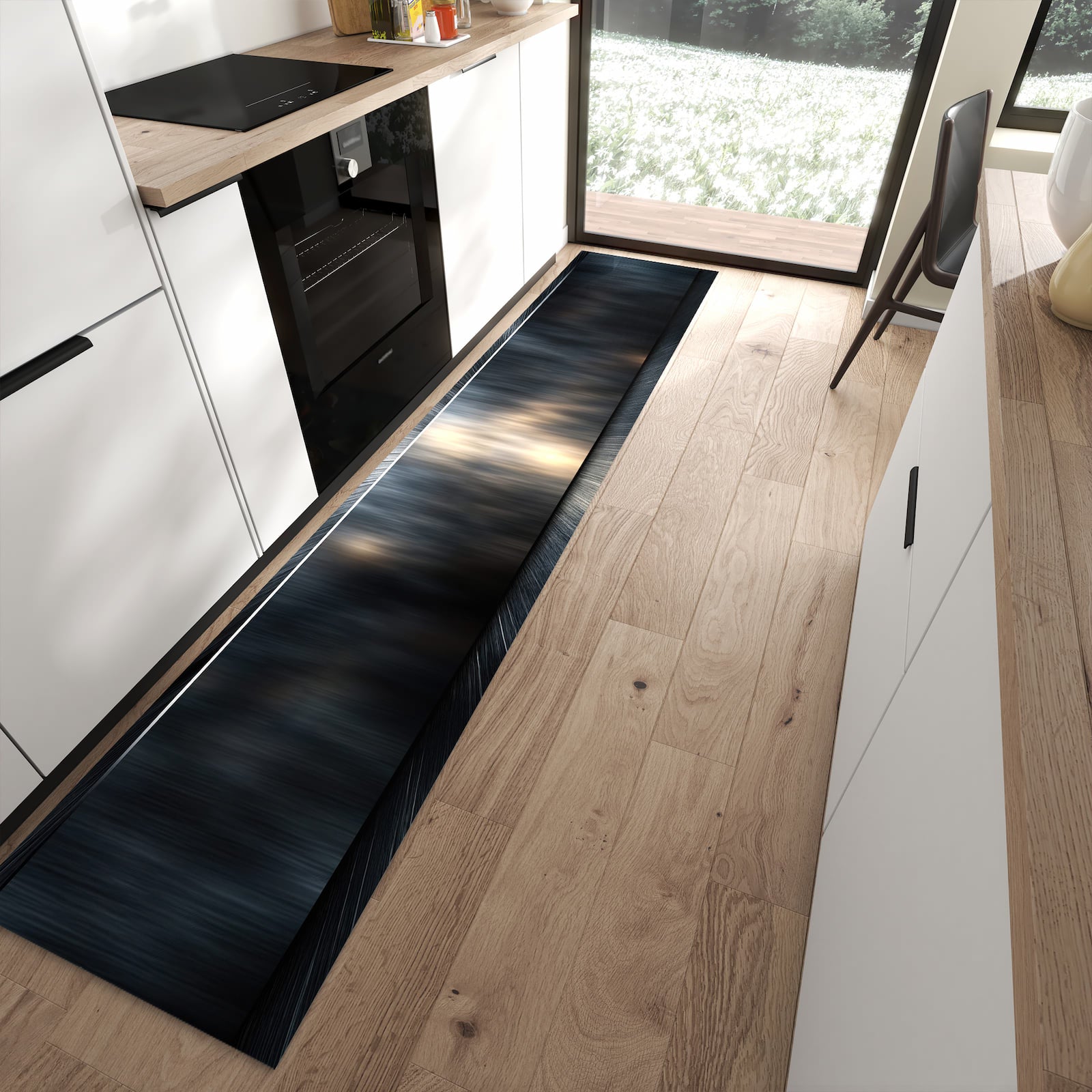 Flacher Küchenteppich mit Motiv Energieblitz in moderner Küche