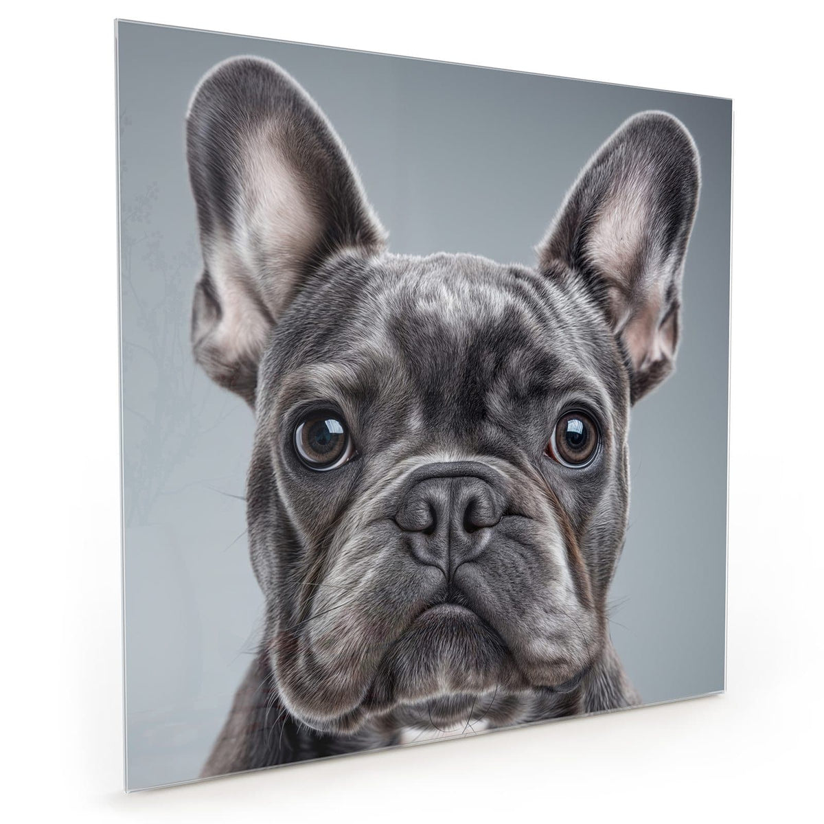 Küchenrückwand aus Glas im quadratischen Format: Graue Französische Bulldogge frontal, Kopf formatfüllend vor hellgrauem Hintergrund