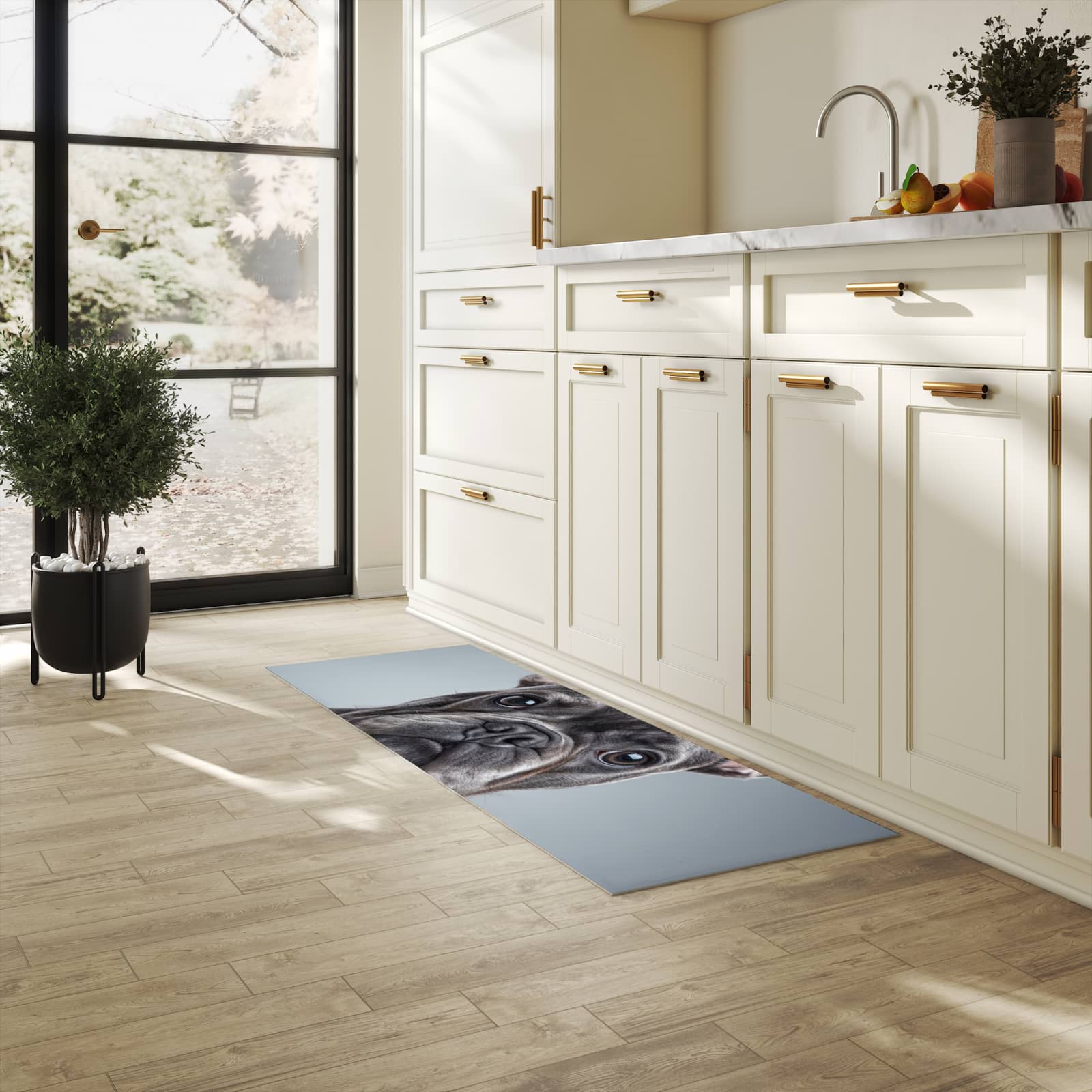 Geruchsneutraler langer Teppich mit Motiv Französische Bulldogge in heller Küche