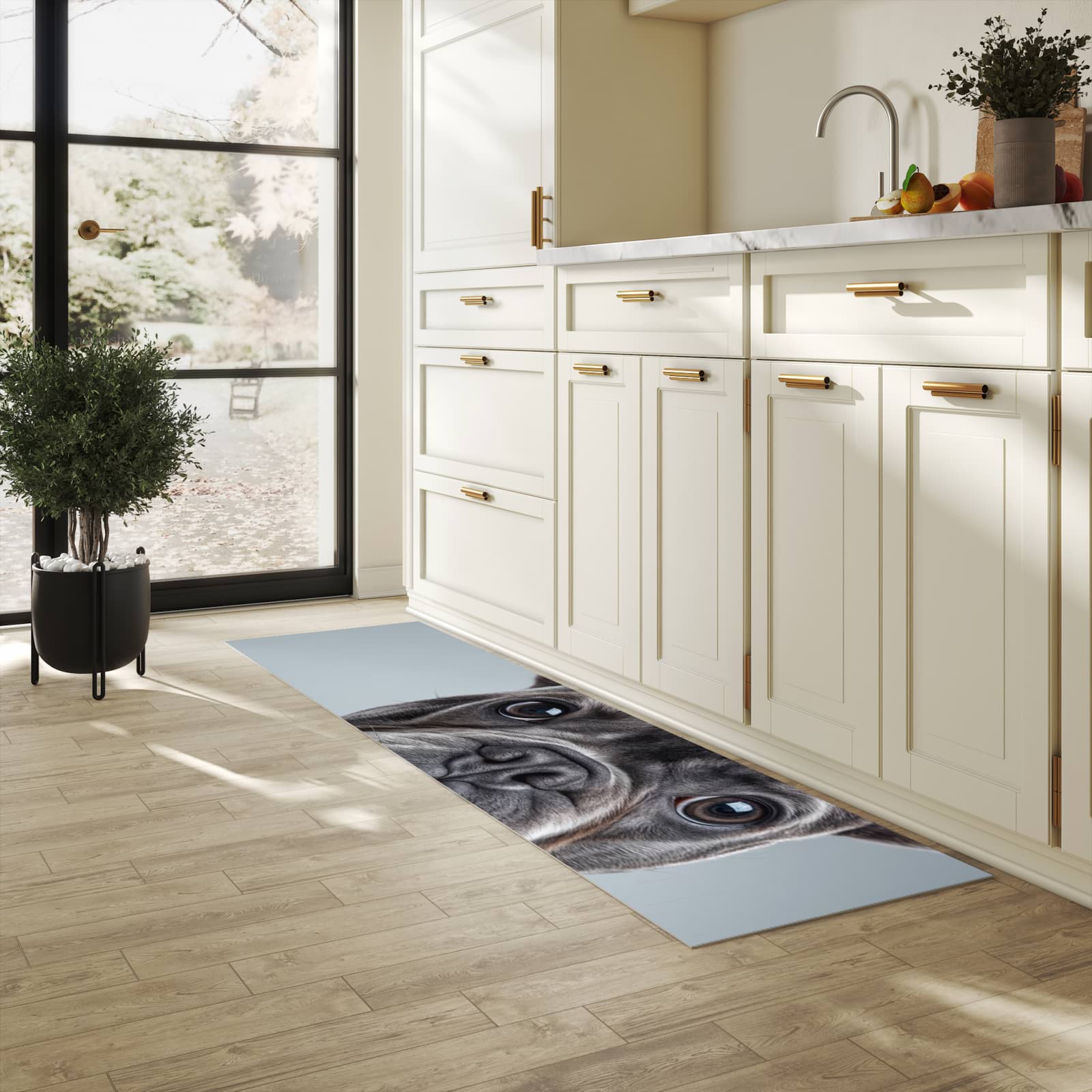 Langlebiger Läufer mit Motiv Französische Bulldogge für Eingangsbereich in heller Küche