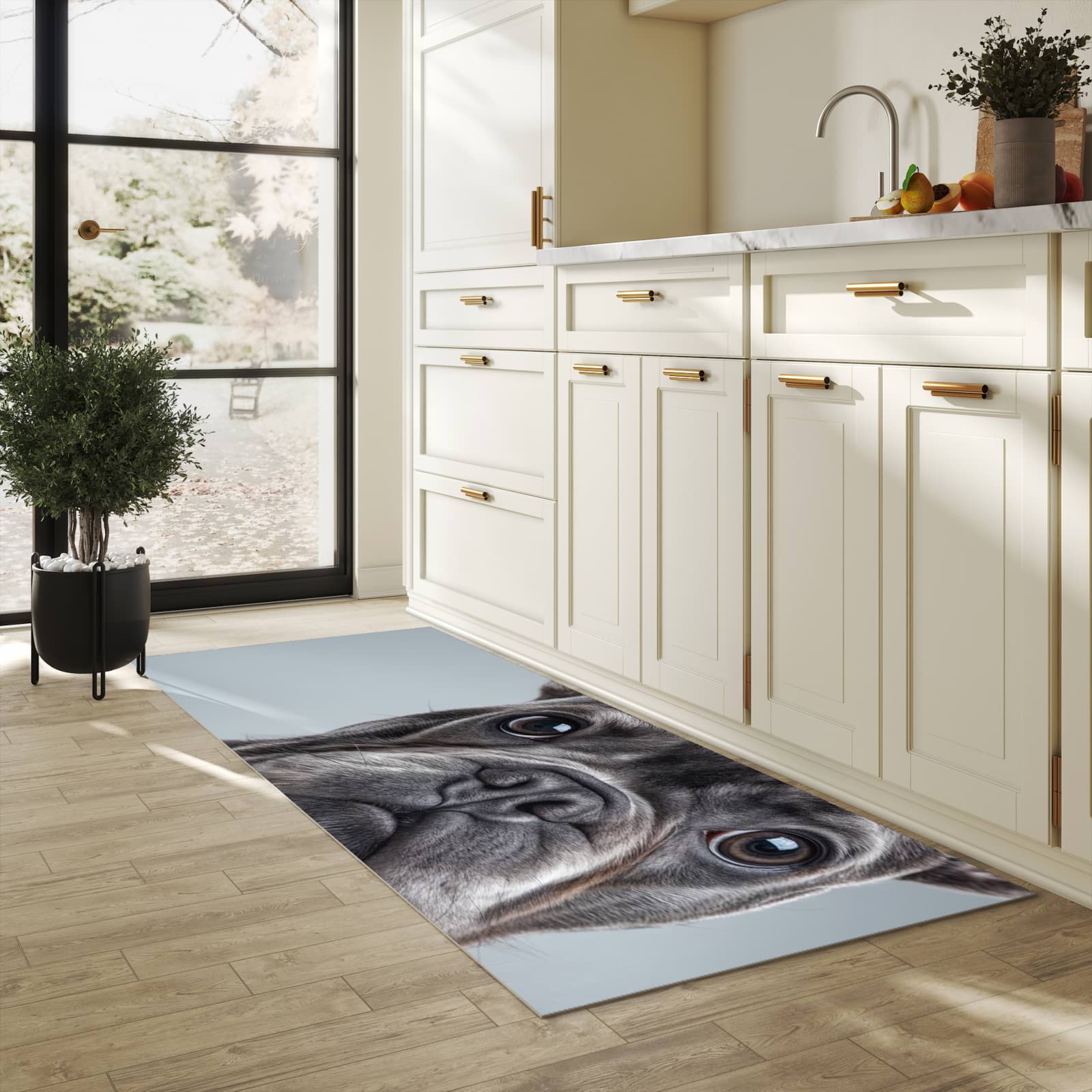 Waschbarer Bodenläufer Teppich mit Motiv Französische Bulldogge in heller Küche