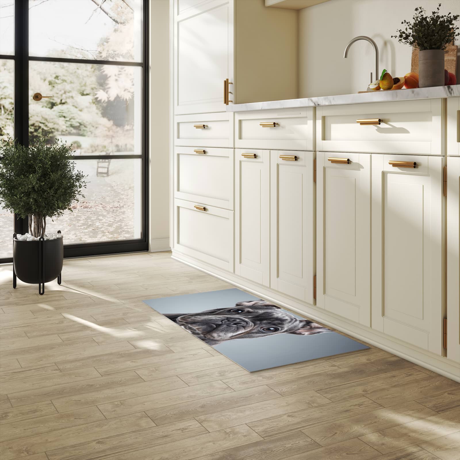 Fleckenresistenter waschbarer Läufer mit Motiv Französische Bulldogge in heller Küche