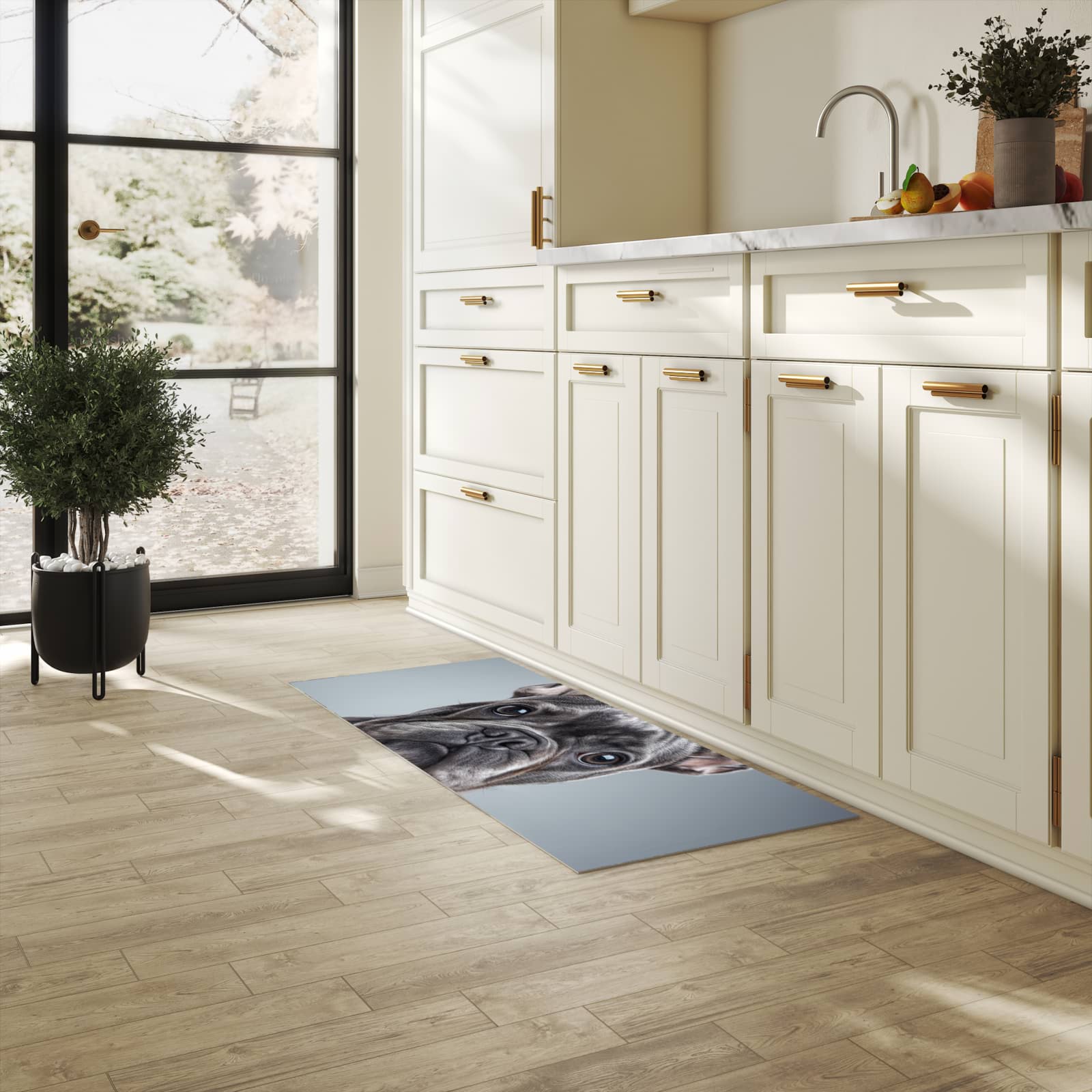 Schmutzabweisender waschbarer Küchenläufer mit Motiv Französische Bulldogge in heller Küche