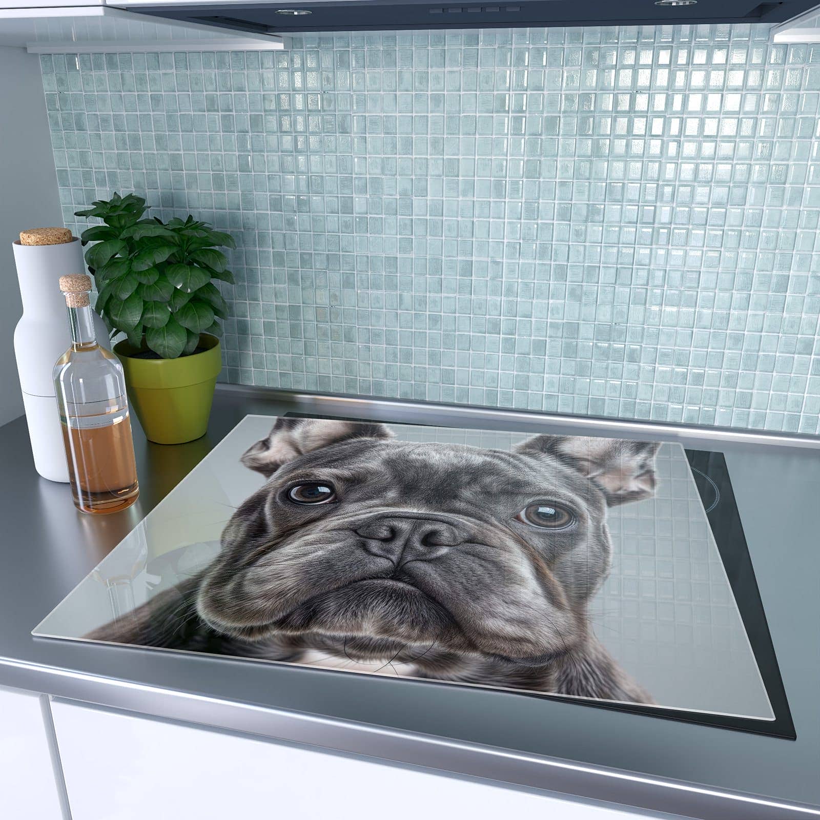 1-teilige Abdeckplatte für Ceranfeld mit Französische & Bulldogge-Motiv auf dem Ceranfeld