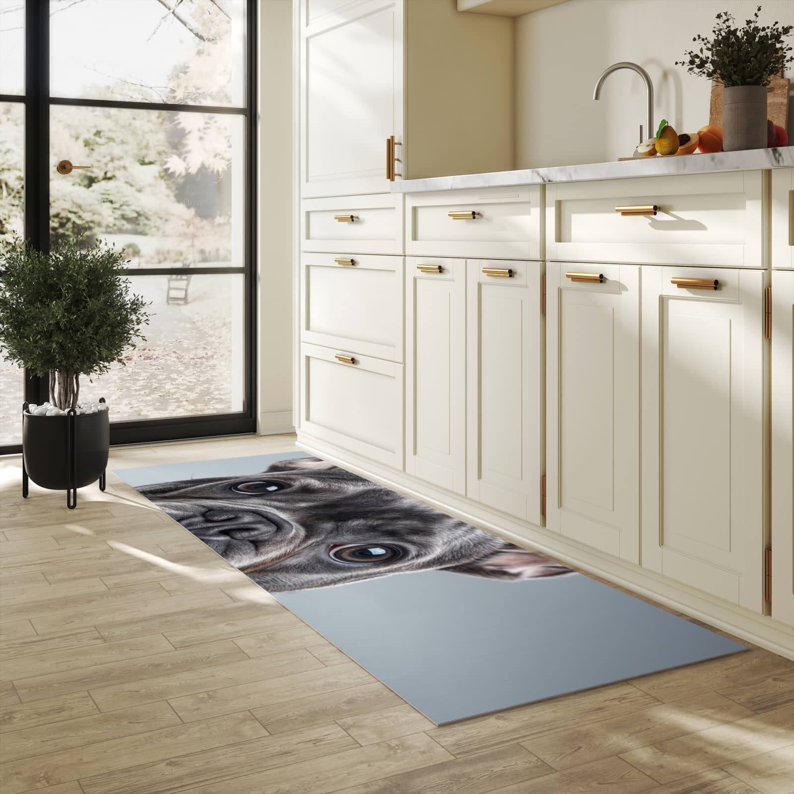 Waschbarer Teppich fürs Esszimmer mit Motiv Französische Bulldogge in heller Küche