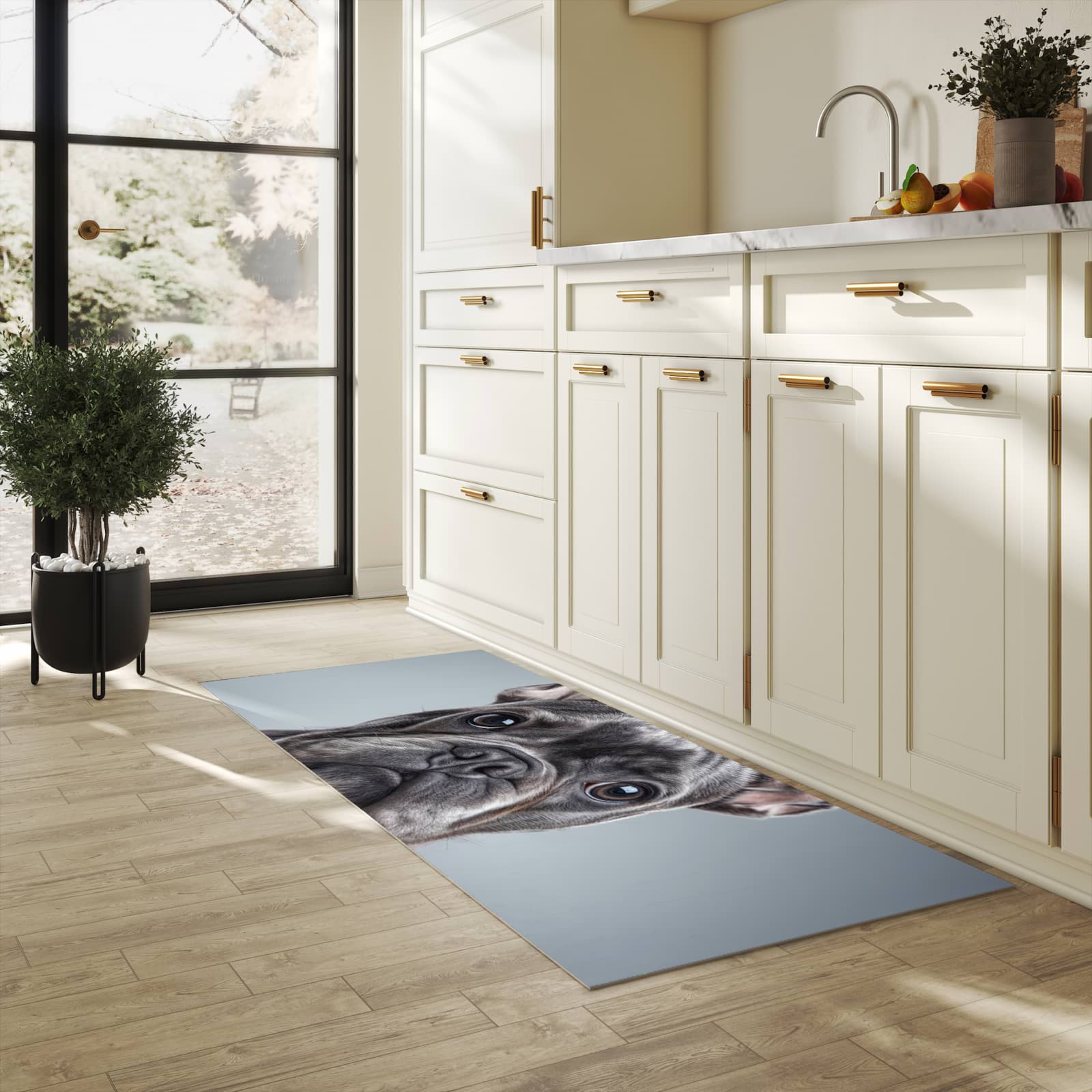 Rutschfester dünner Küchenteppich mit Motiv Französische Bulldogge in heller Küche