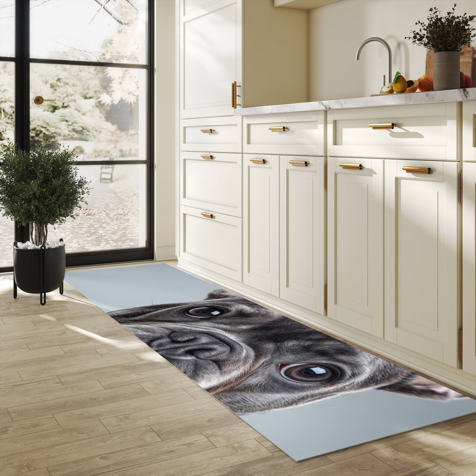 Hygienischer rutschfester Küchenteppich mit Motiv Französische Bulldogge in heller Küche