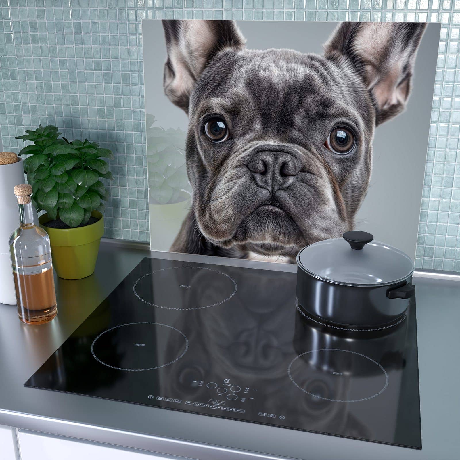 1-teilige Kochfeldabdeckung mit Französische & Bulldogge-Motiv als Spritzschutz hinter dem Kochfeld