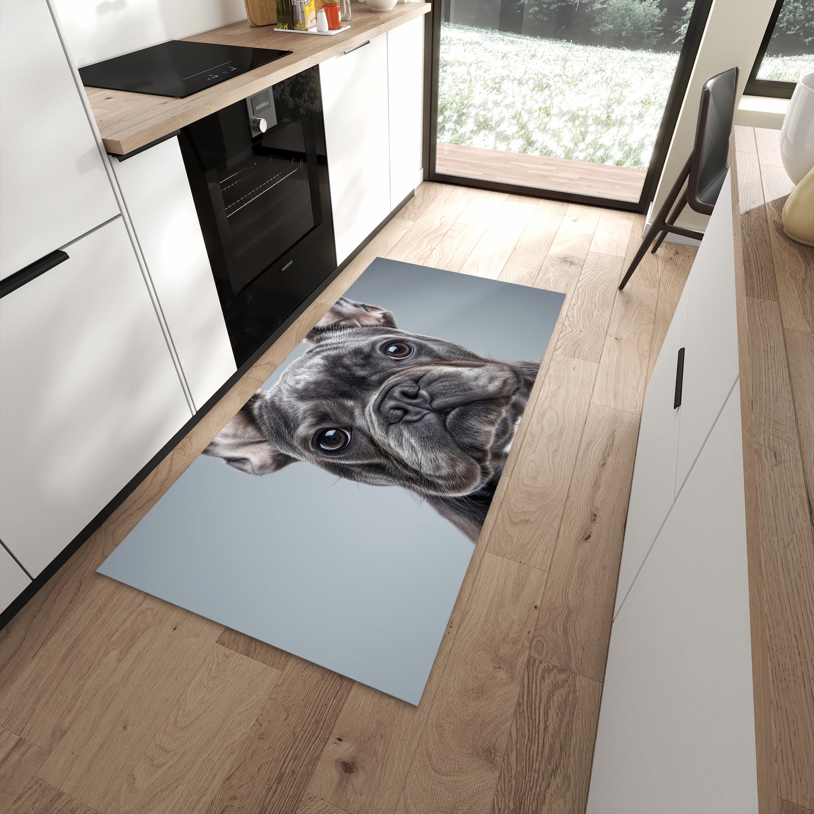 Feuchtigkeitsresistenter waschbarer Küchenläufer mit Motiv Französische Bulldogge in moderner Küche