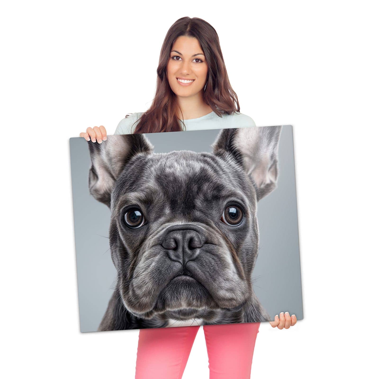 Herdabdeckung aus Glas mit Französische & Bulldogge-Motiv wird zur Größendarstellung gehalten