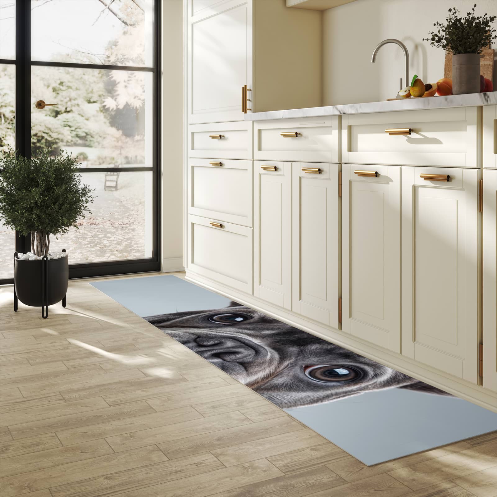 Pflegeleichter dünner Teppich mit Motiv Französische Bulldogge in heller Küche