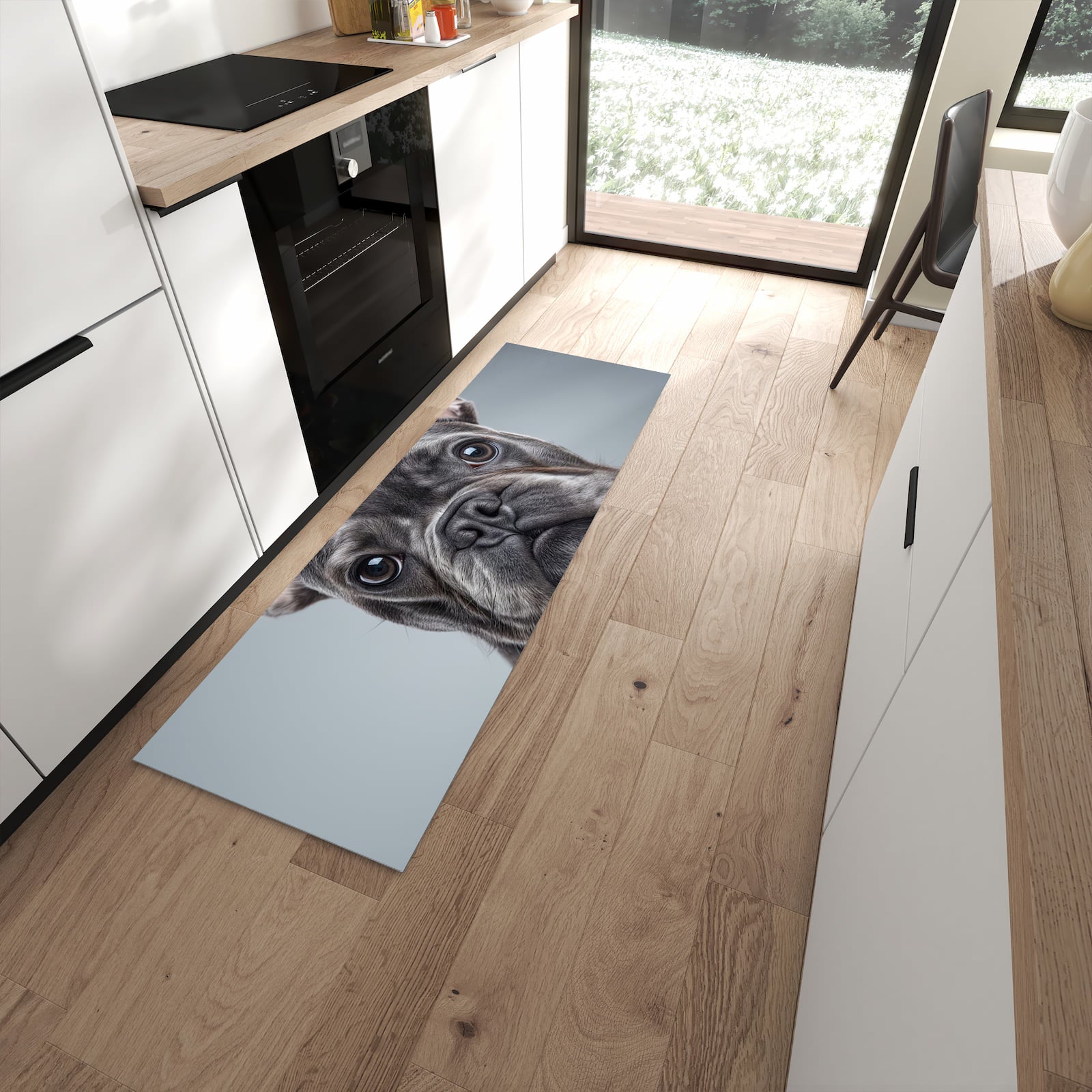 Komfortabler großer Küchenteppich mit Motiv Französische Bulldogge in moderner Küche