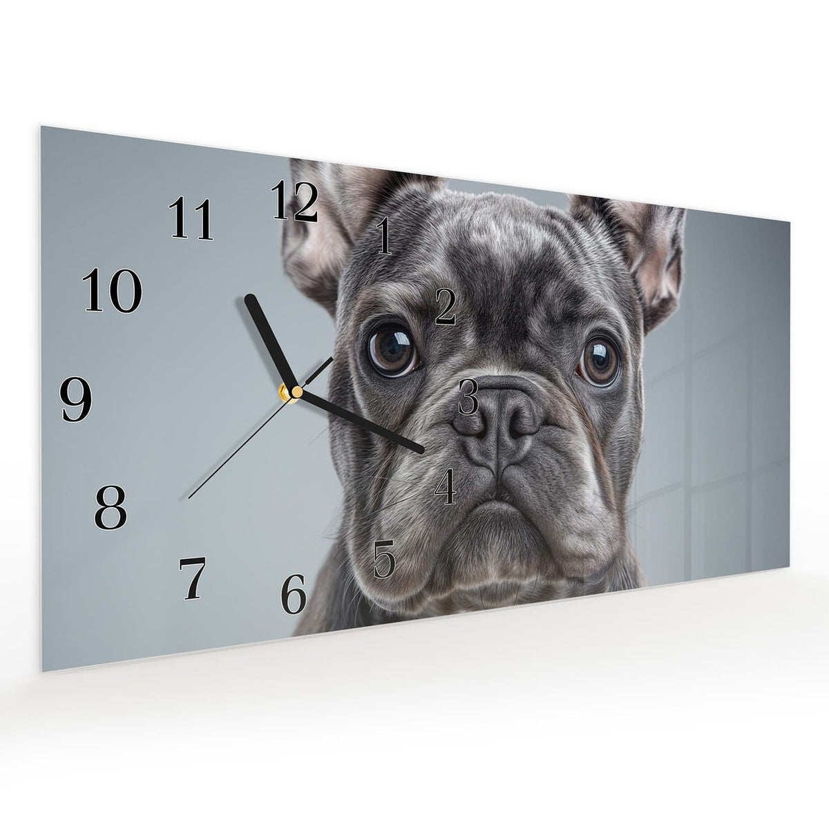 Vormontiert – mit Schwebeeffekt – Wanduhr Französische & Bulldogge aus Glas – Querformat 60 × 30 cm