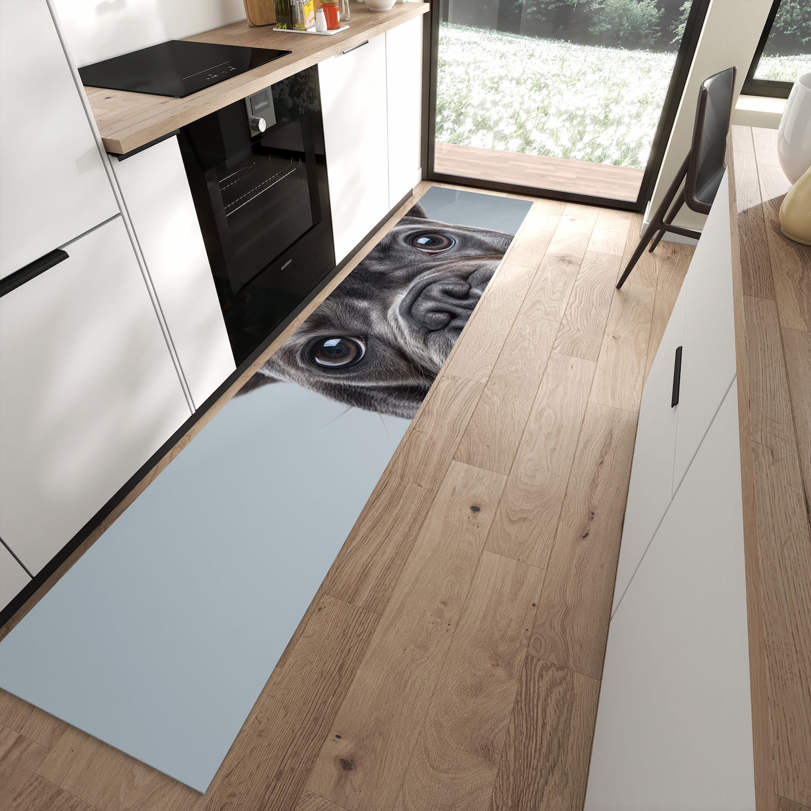 Küchenteppich mit Motiv Französische Bulldogge für angenehme Haptik in moderner Küche