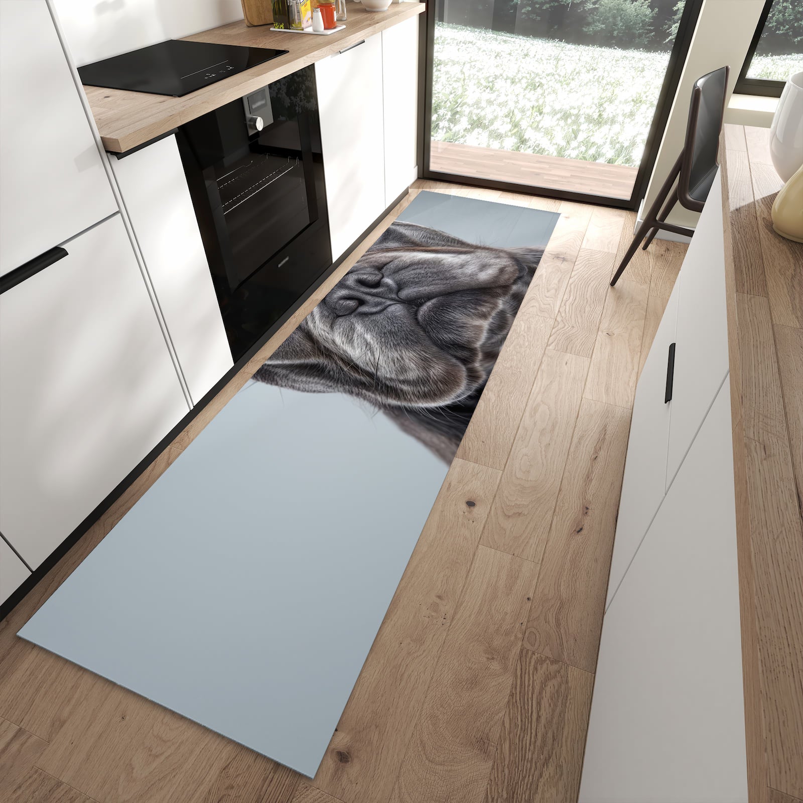 Langlebiger rutschfester Küchenläufer mit Motiv Französische Bulldogge in moderner Küche