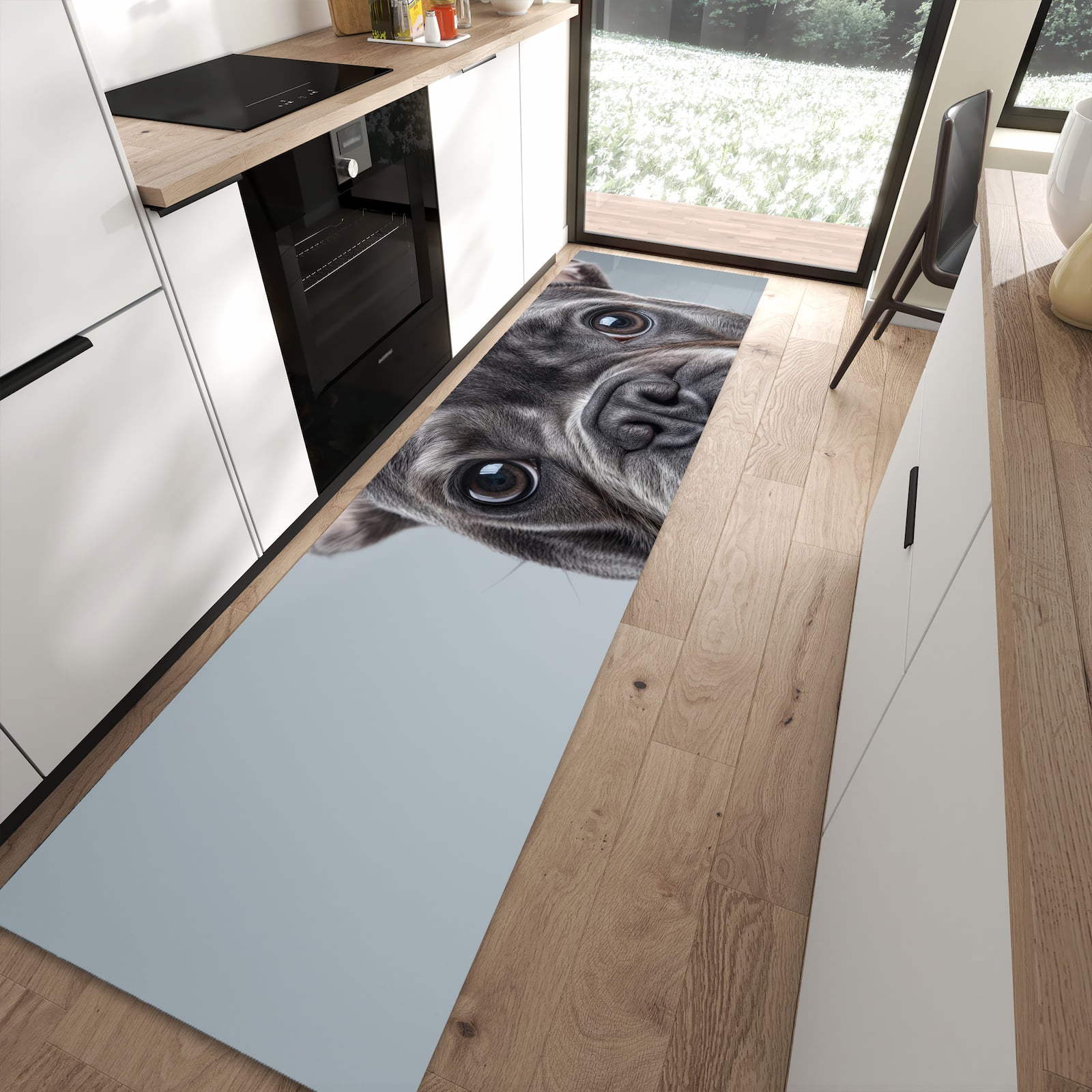 Rutschfester Küchenläufer mit Motiv Französische Bulldogge in moderner Küche