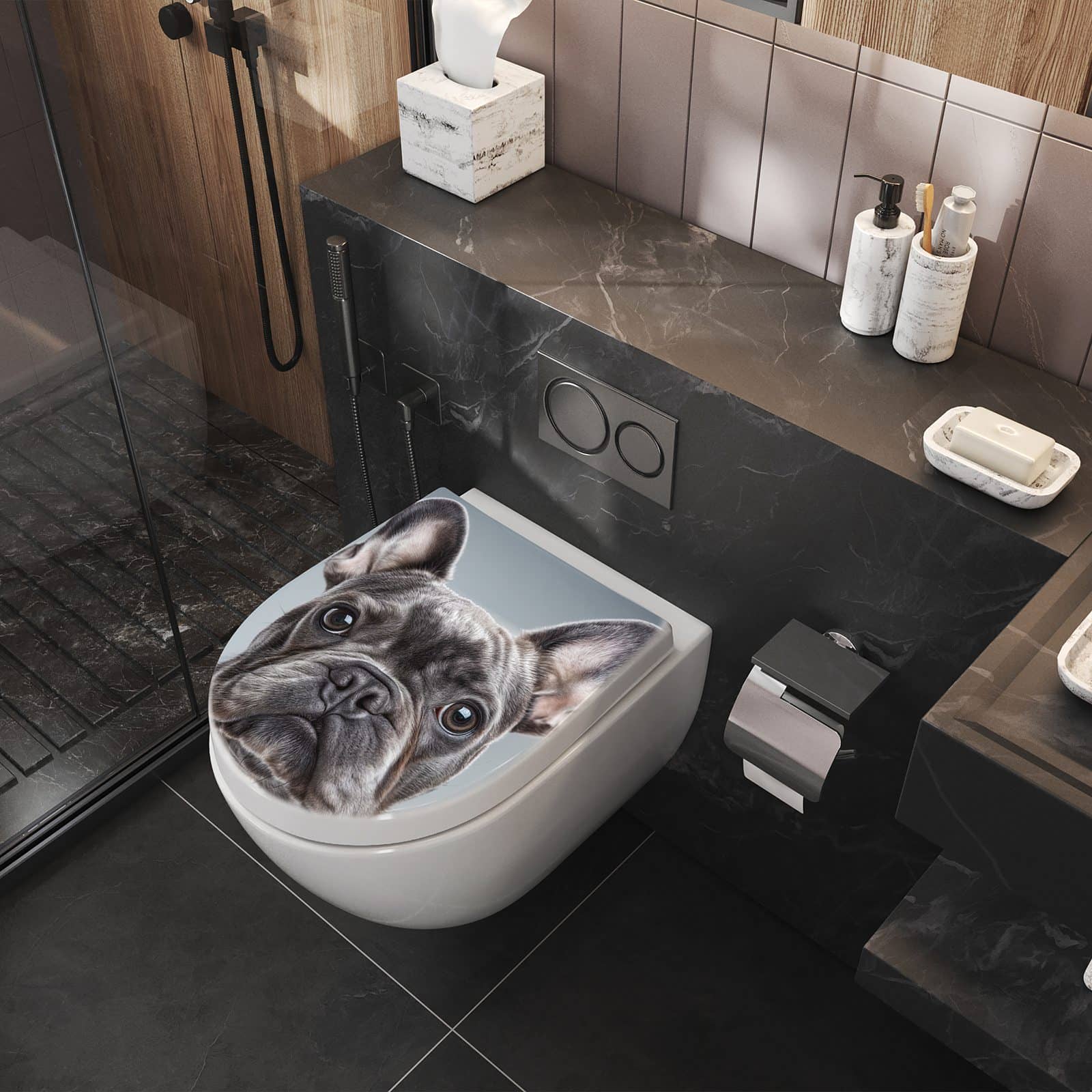 Rutschfester WC-Sitz mit Softclose und Motiv Französische & Bulldogge im Badezimmer seitliche Perspektive