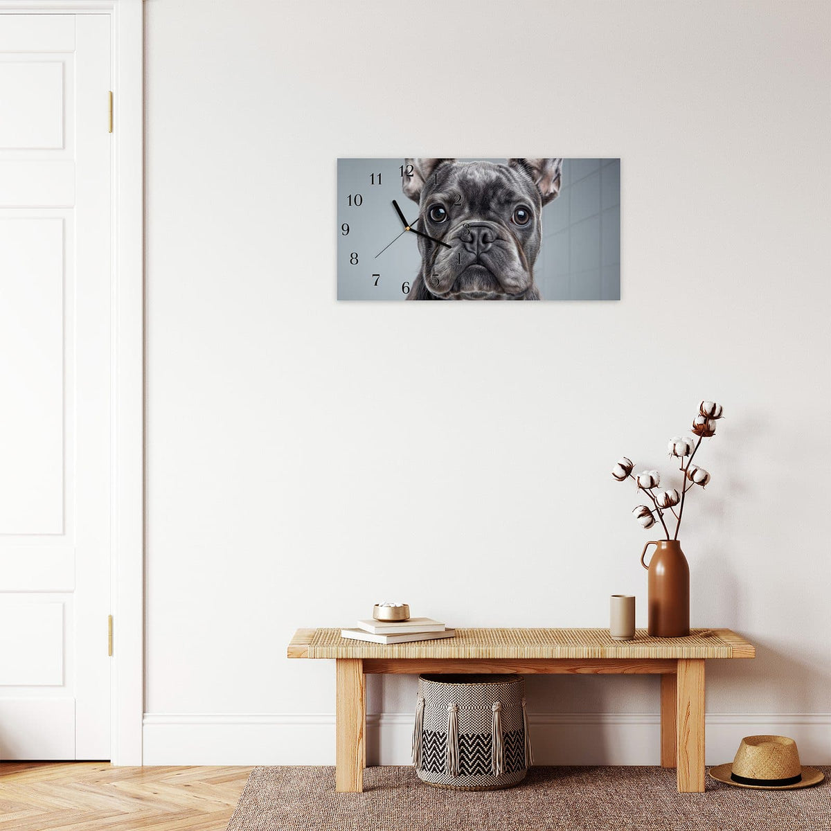 Moderne Wanduhr aus Glas mit Farbtiefe – Wanduhr Französische & Bulldogge aus Glas – Querformat 60 × 30 cm