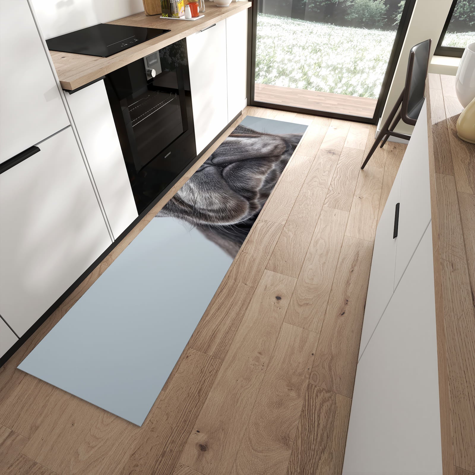 Waschbarer Küchenteppich mit Motiv Französische Bulldogge in moderner Küche