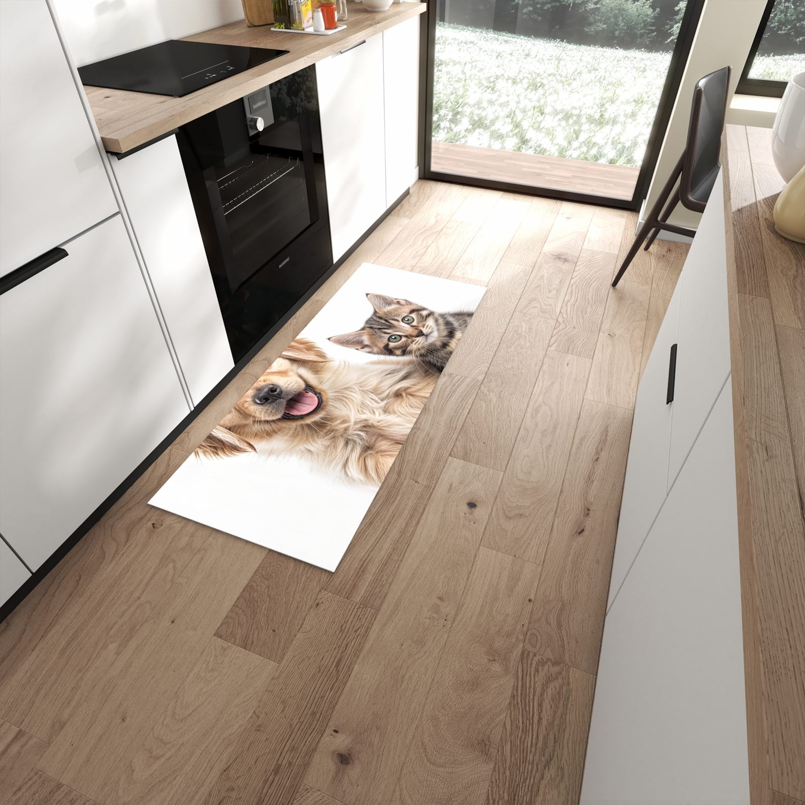 Feuchtigkeitsresistenter Küchenläufer mit Motiv Katze und Hund in moderner Küche #grösse_60 x 150 cm