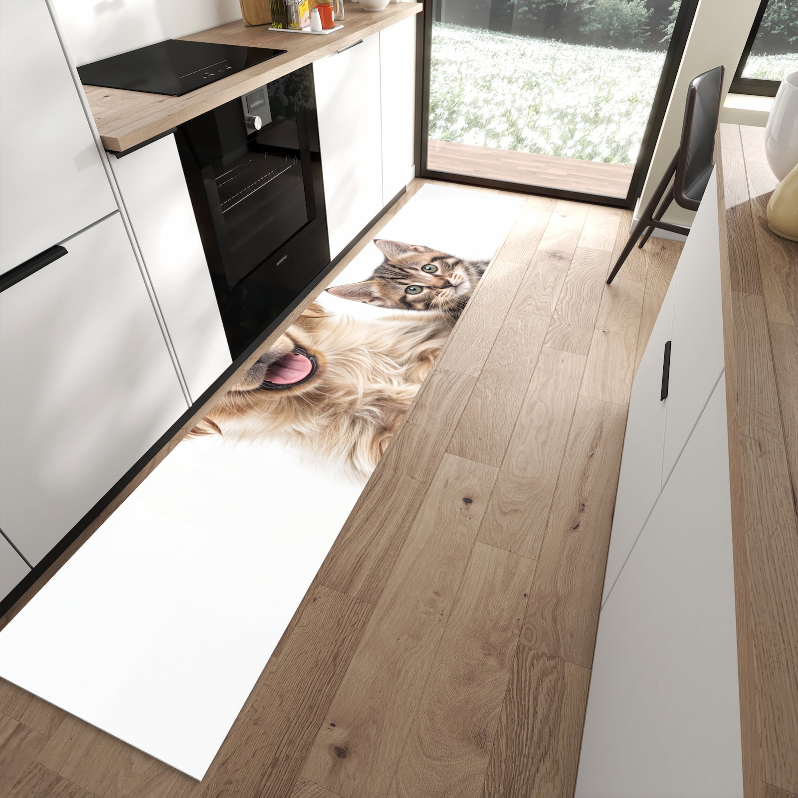 Farbbeständiger rutschfester Küchenläufer mit Motiv Katze und Hund in moderner Küche