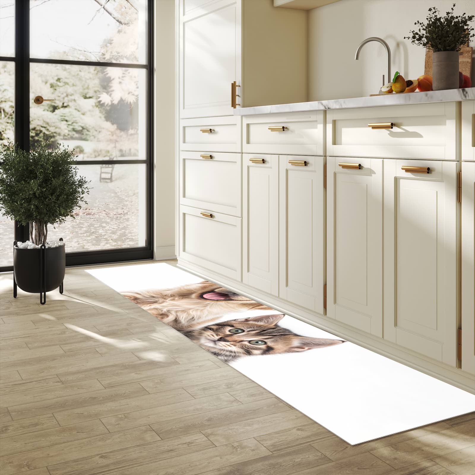 Langlebiger waschbarer Küchenläufer mit Motiv Katze und Hund in heller Küche
