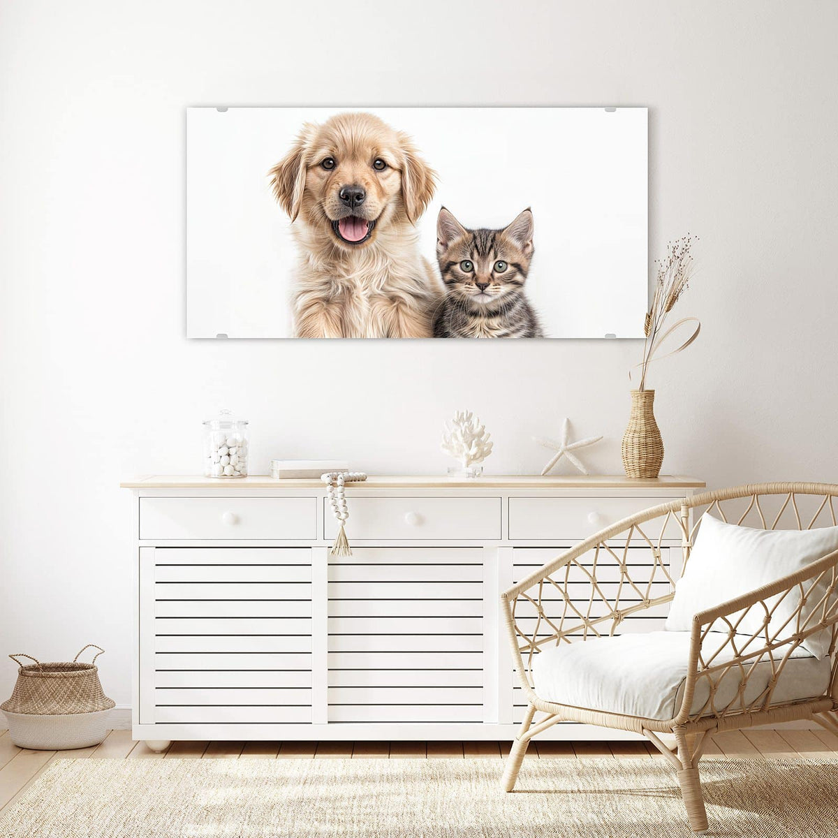 Echtglas, 4 mm – kein Acryl, keine Folie – Wandbild - Retriever und Kätzchen - Querformat