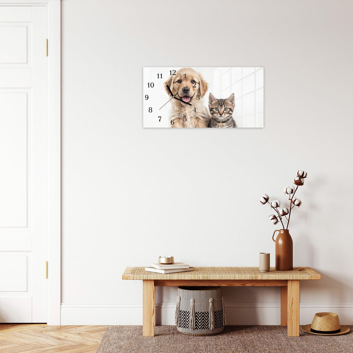 Moderne Wanduhr aus Glas mit Farbtiefe – Wanduhr Katze und Hund aus Glas – Querformat 60 × 30 cm