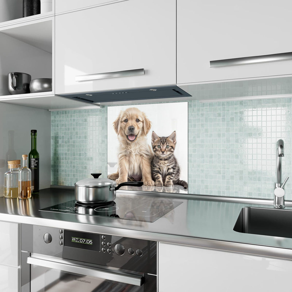 Küchenrückwand aus Glas Retriever und Kätzchen im quadratischen Format als Spritzschutz hinter dem Kochfeld, über dem Fliesenspiegel montiert