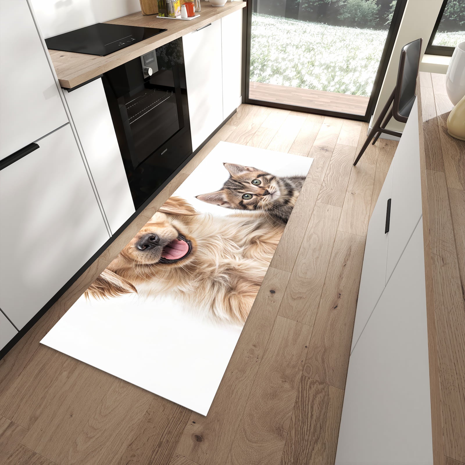 Waschbarer Küchenläufer mit Motiv Katze und Hund in moderner Küche für sicheres Aufbewahren