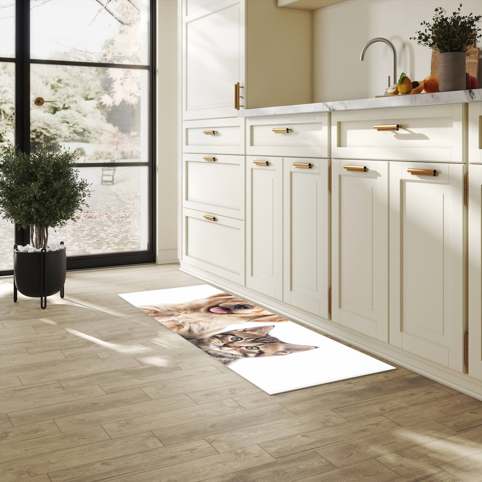 Fleckenresistenter Küchenläufer mit Motiv Katze und Hund in heller Küche