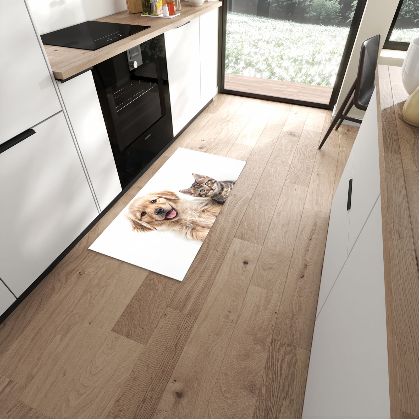 Rutschfester Küchenteppich mit Motiv Katze und Hund in moderner Küche #grösse_60 x 120 cm