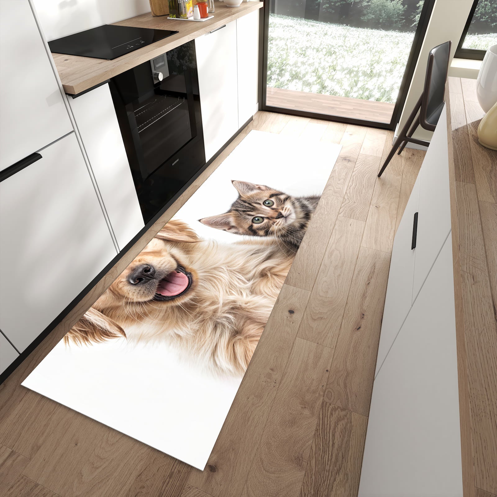 Zeitsparender rutschfester Küchenläufer mit Motiv Katze und Hund in moderner Küche