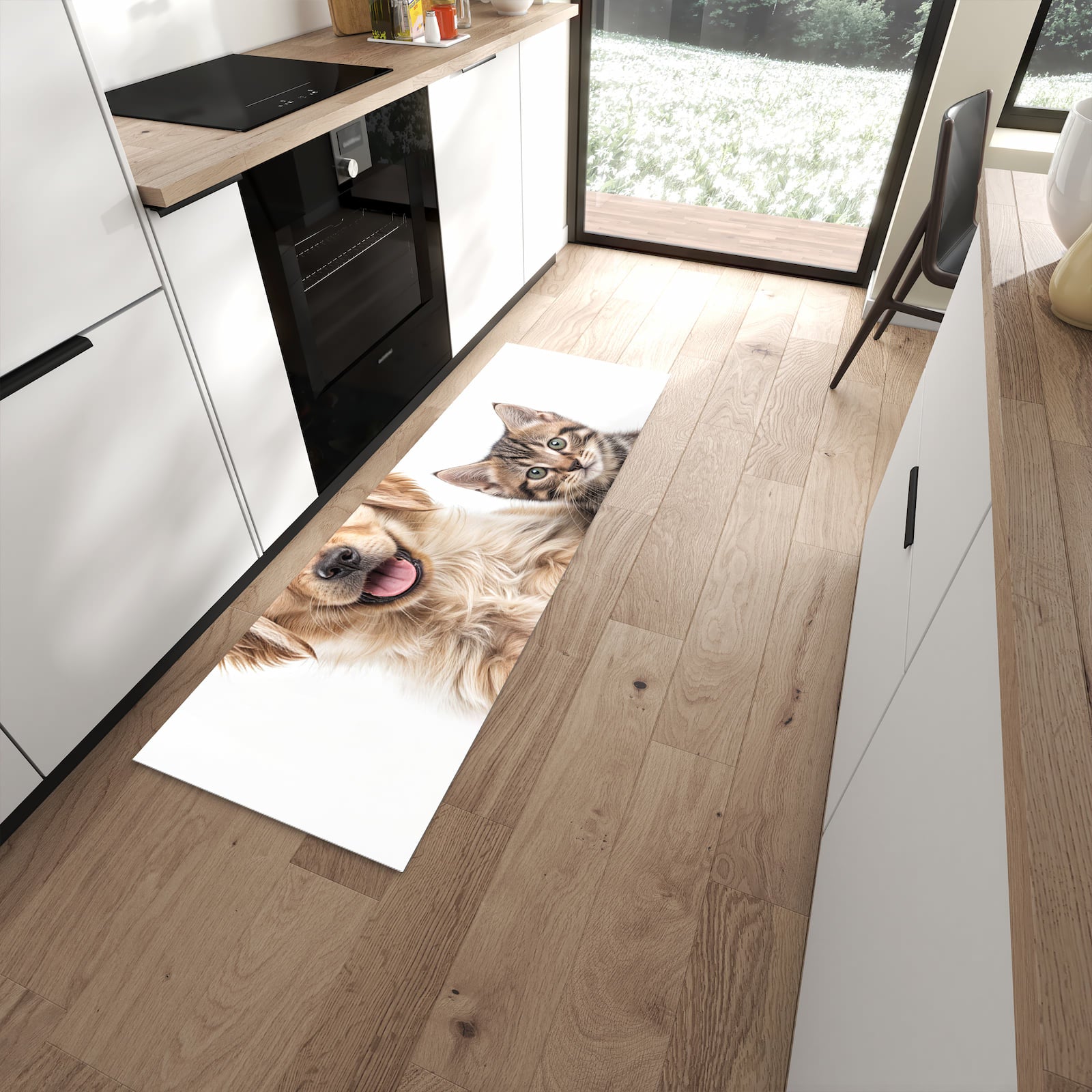 Bodenschonender Küchenläufer mit Motiv Katze und Hund in moderner Küche