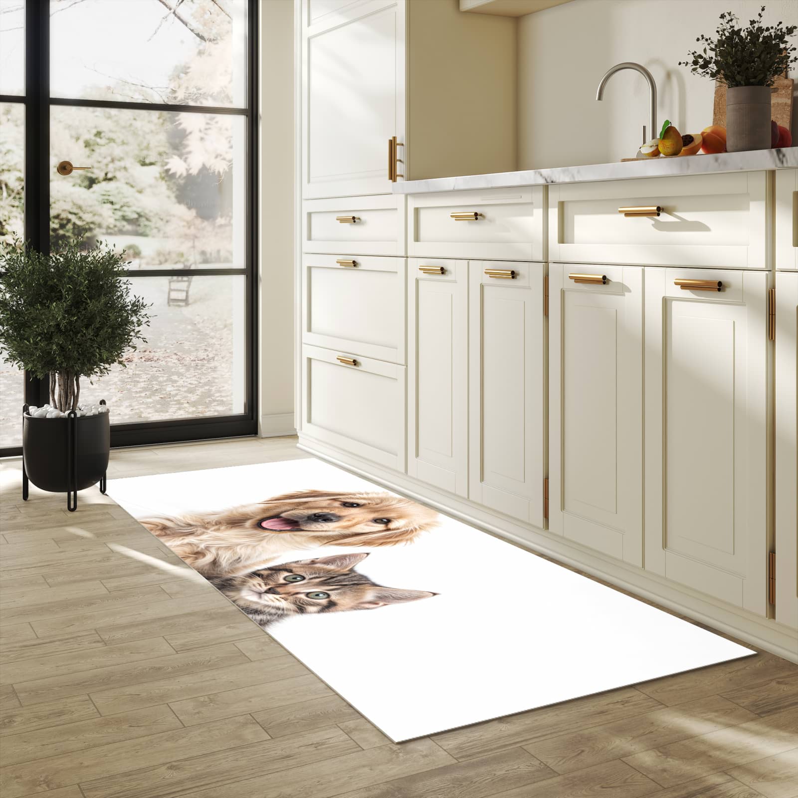 Hygienischer Teppich fürs Esszimmer mit Motiv Katze und Hund in heller Küche