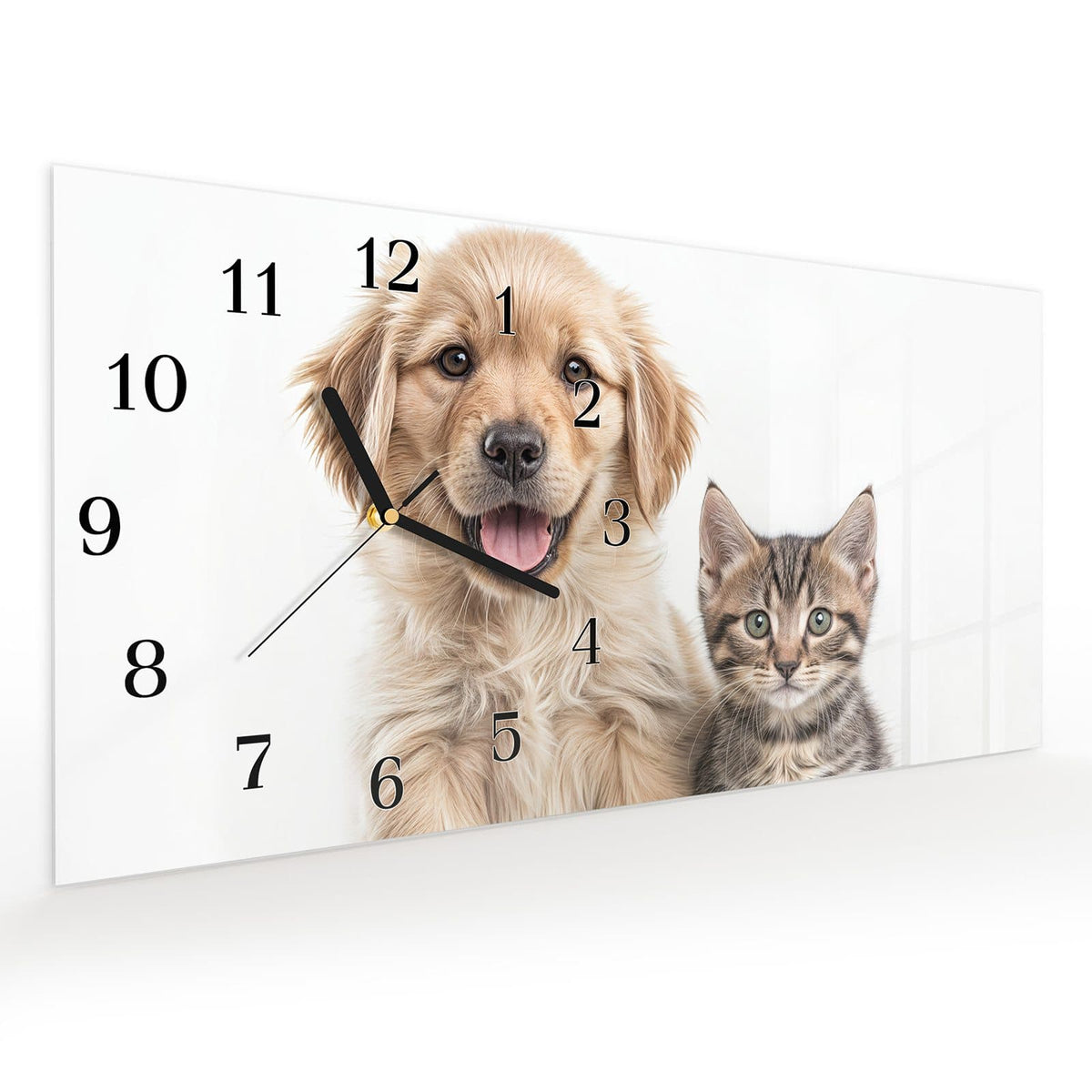 Vormontiert – mit Schwebeeffekt – Wanduhr Katze und Hund aus Glas – Querformat 60 × 30 cm