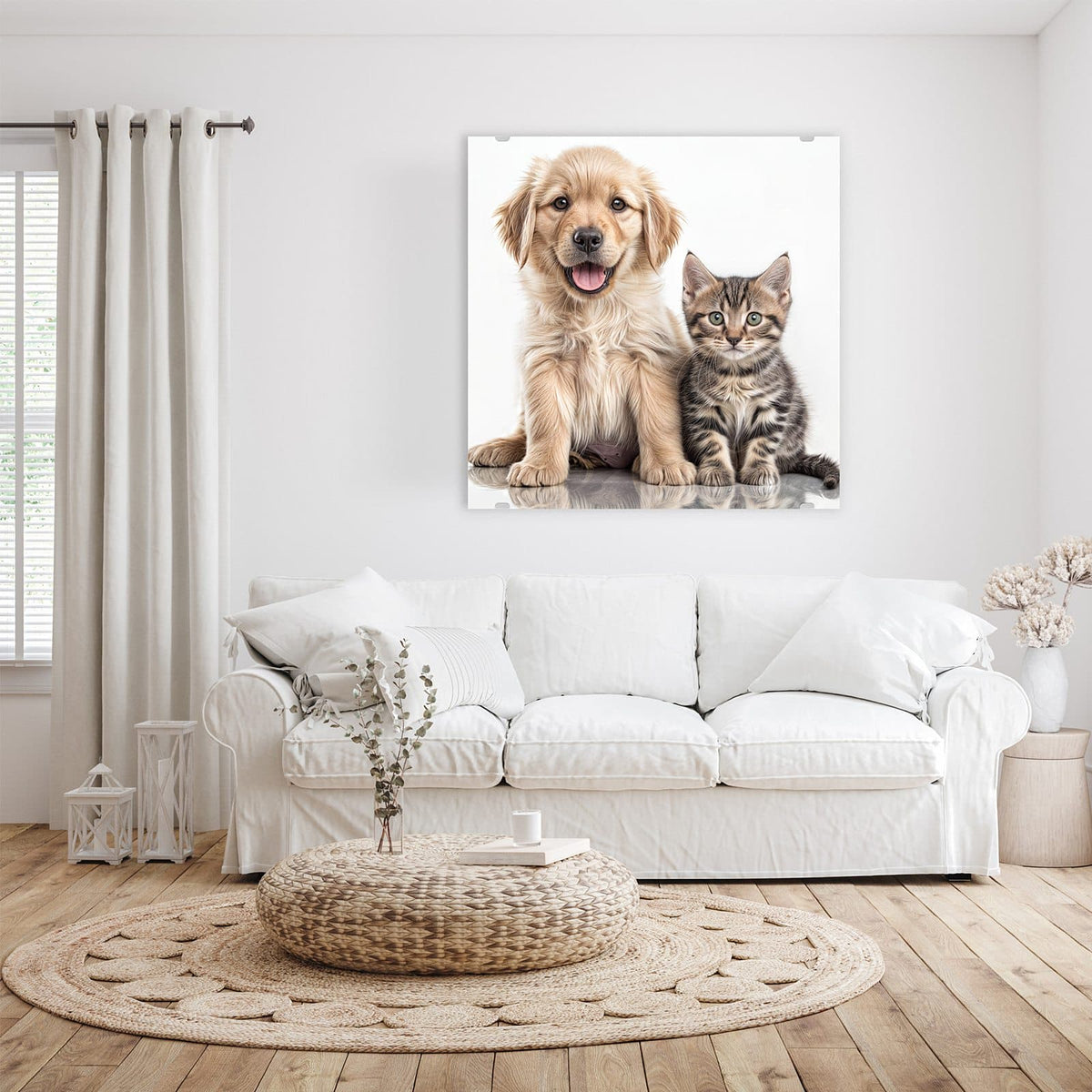 Glasbild Retriever und Kätzchen an der Wand – Golden-Retriever-Welpe sitzt neben einem getigerten Kätzchen auf Weiß