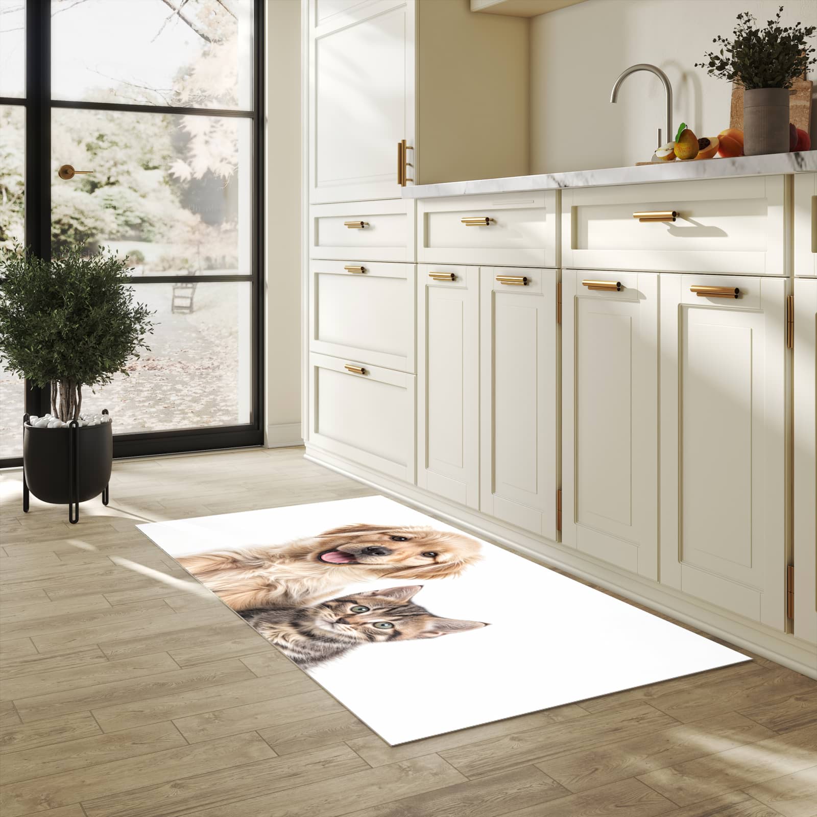 Dünner waschbarer Küchenteppich mit Motiv Katze und Hund für angenehme Haptik in heller Küche