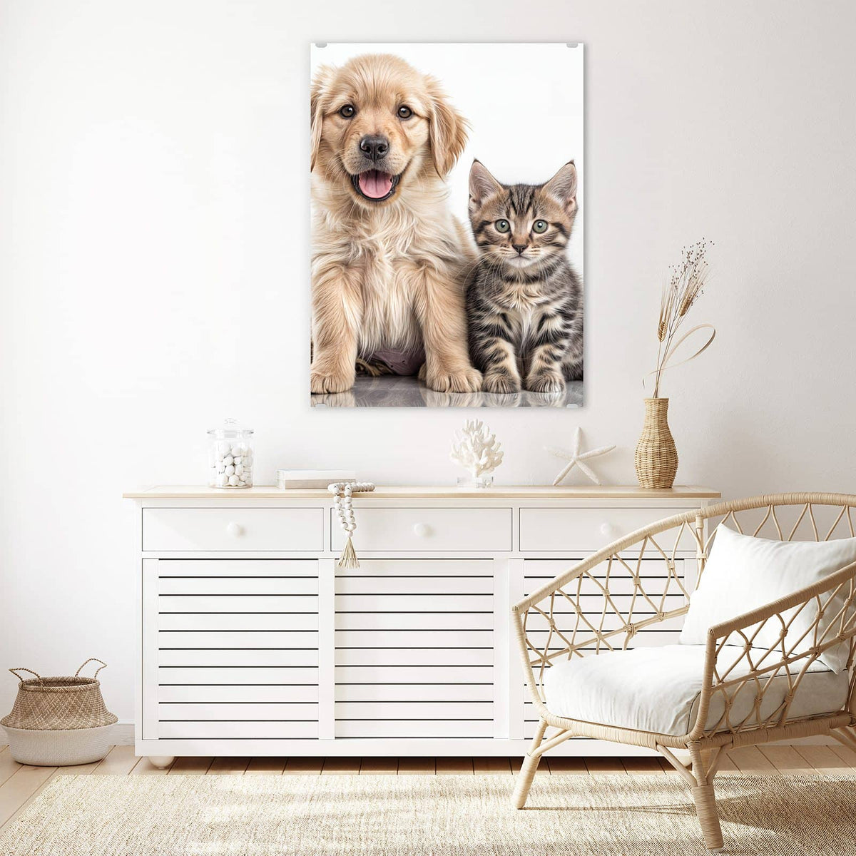 Aufhängung liegt bei – Motiv später wechselbar – Wandbild - Retriever und Kätzchen - Hochformat