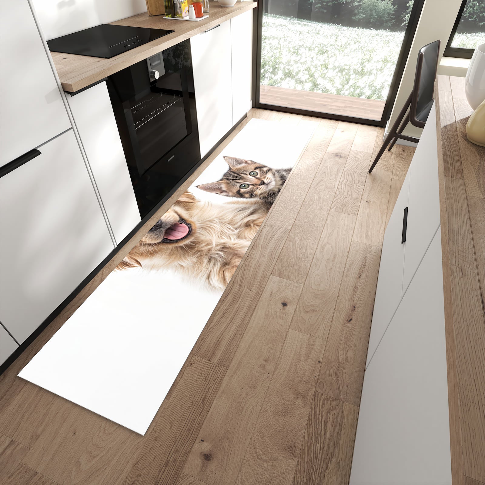 Bodenschonender Küchenläufer mit Motiv Katze und Hund in moderner Küche