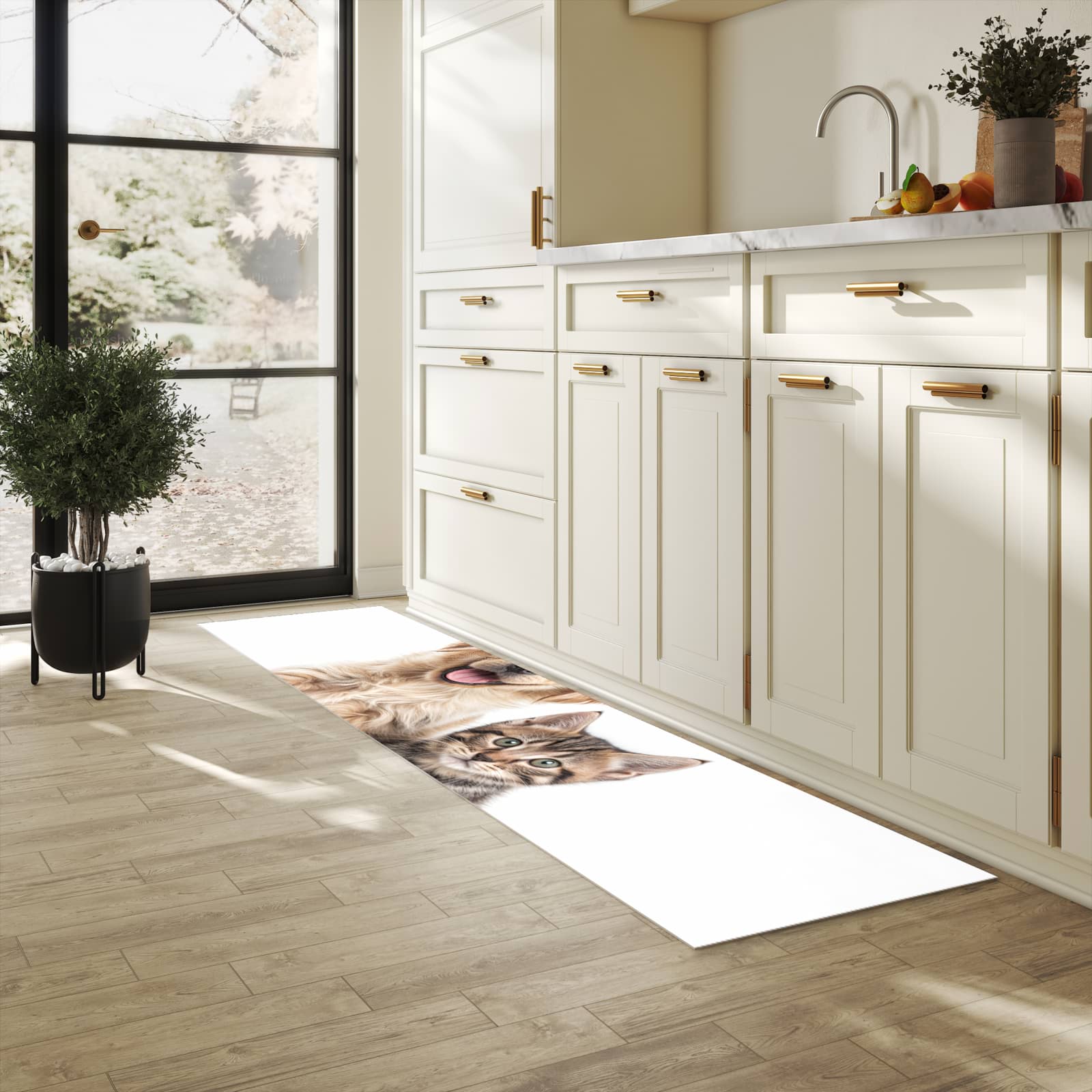 Geruchsneutraler waschbarer Läufer für die Küche mit Motiv Katze und Hund in heller Küche
