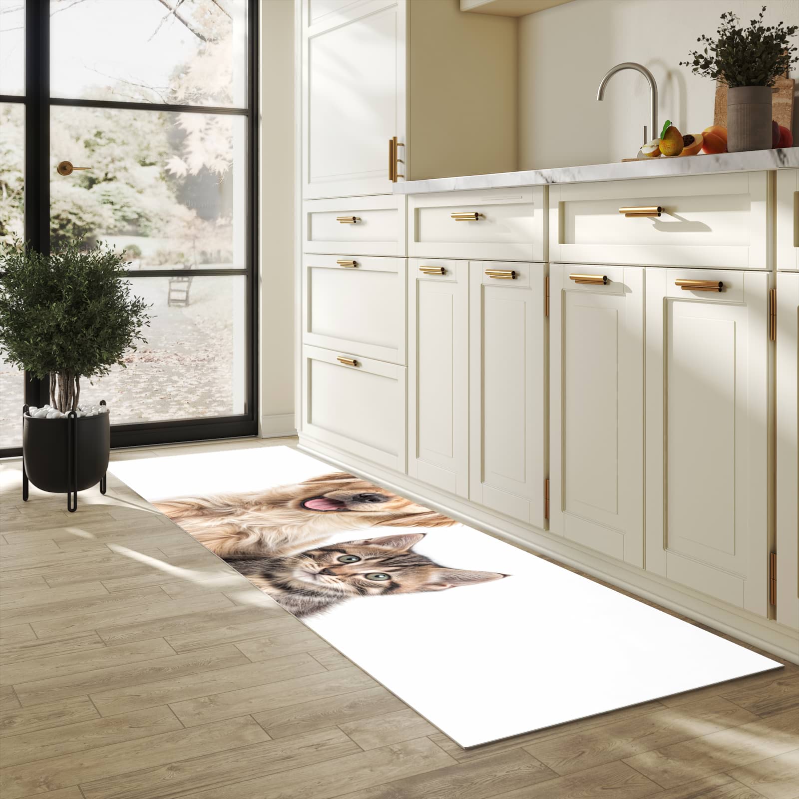 Rutschhemmender dünner Teppich mit Motiv Katze und Hund in heller Küche