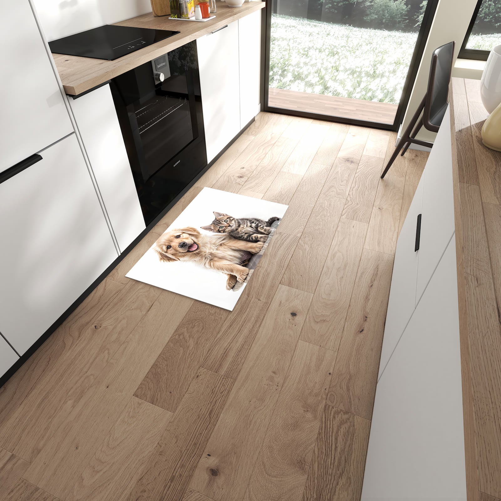Formstabiler rutschfester Küchenläufer mit Motiv Katze und Hund in moderner Küche