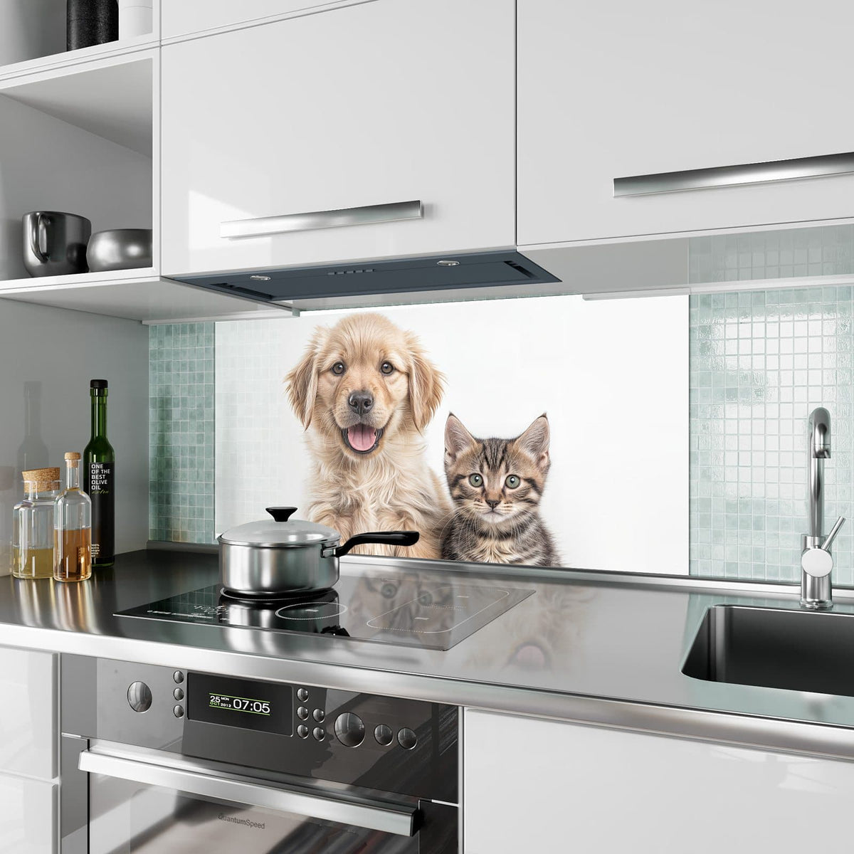 Küchenrückwand aus Glas Retriever und Kätzchen im Hochformat als Spritzschutz hinter dem Kochfeld, über dem Fliesenspiegel montiert