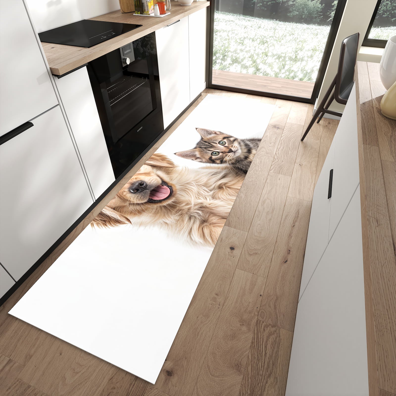 Geräuschdämpfender Küchenläufer mit Motiv Katze und Hund in moderner Küche